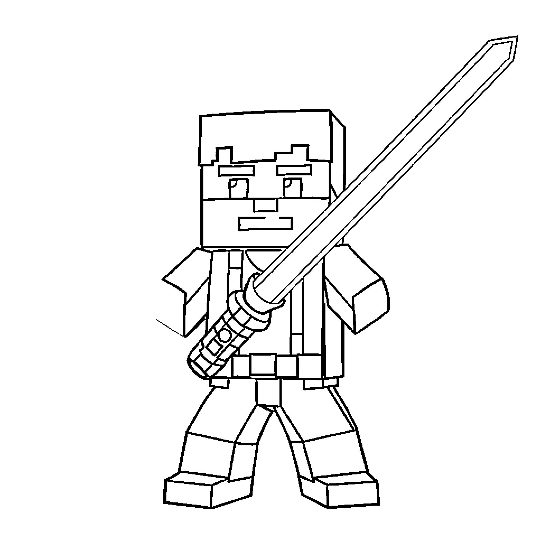 Steve battles with his trusty sword Coloring Page (free black-and-white line drawing printable PDF for all, from beginners to advanced learners, including children, teens, adults, and seniors)