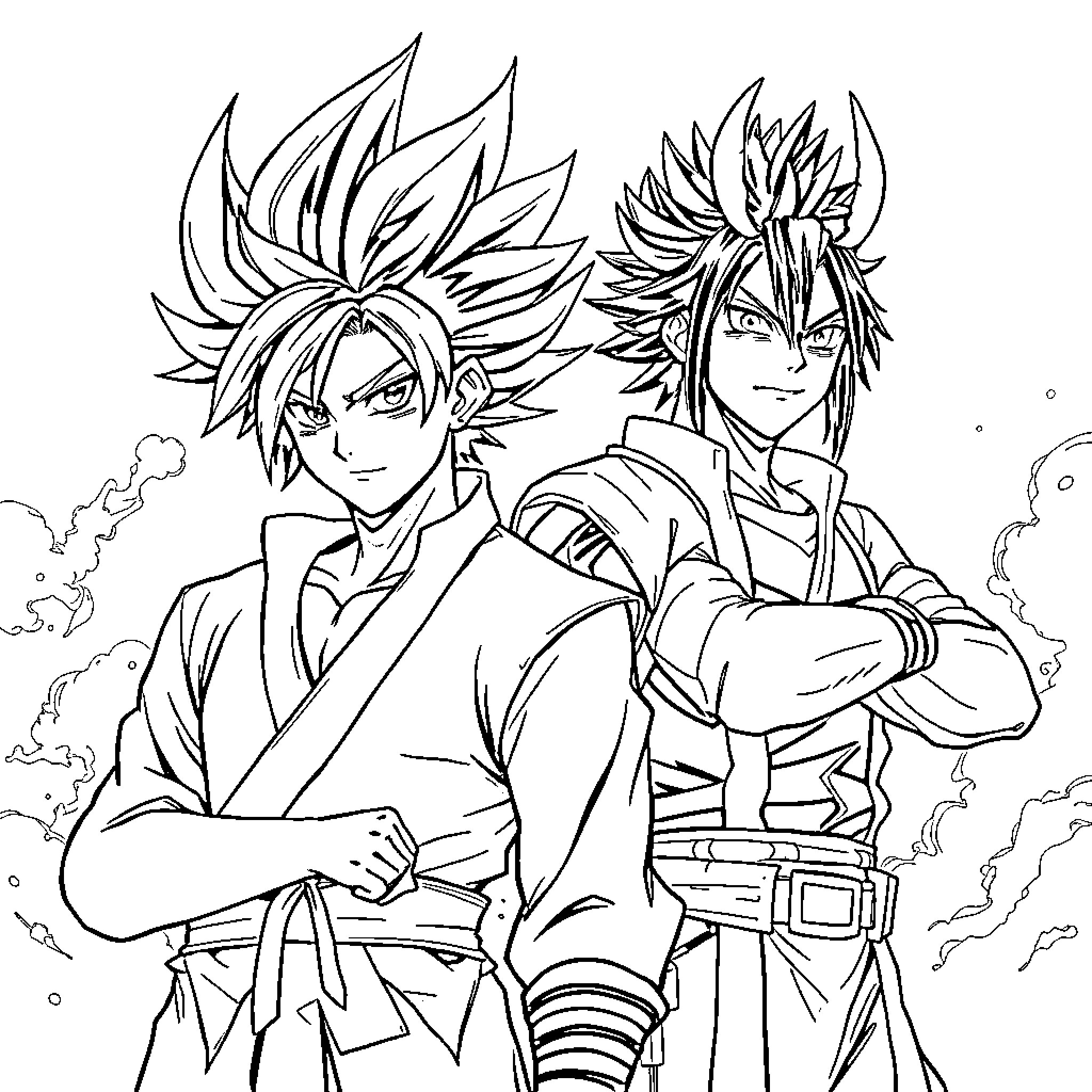 Tengen warriors in action-packed scene Coloring Page (free black-and-white line drawing printable PDF for all, from beginners to advanced learners, including children, teens, adults, and seniors)