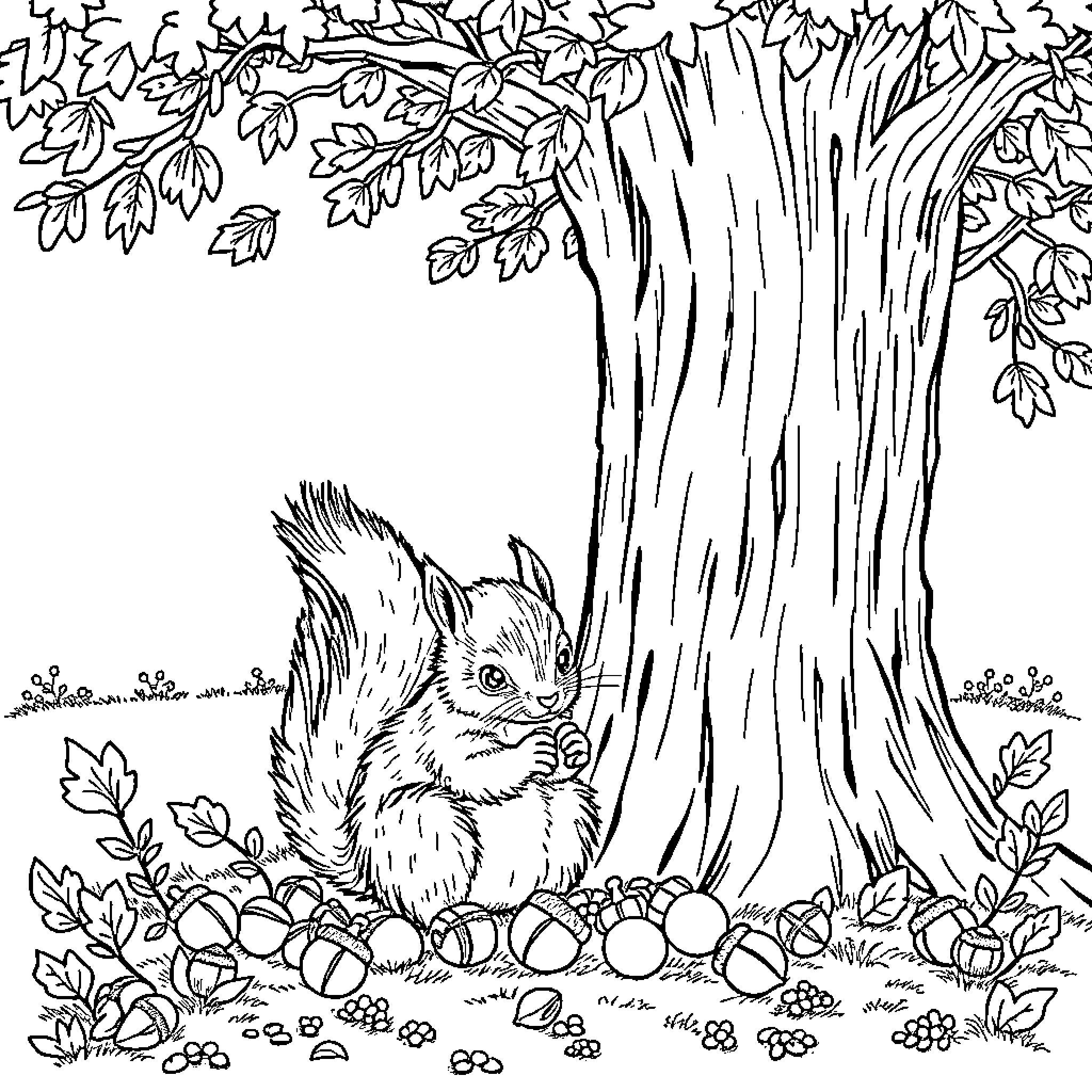 Squirrel nibbling on nuts under a tree Coloring Page (free black-and-white line drawing printable PDF for all, from beginners to advanced learners, including children, teens, adults, and seniors)