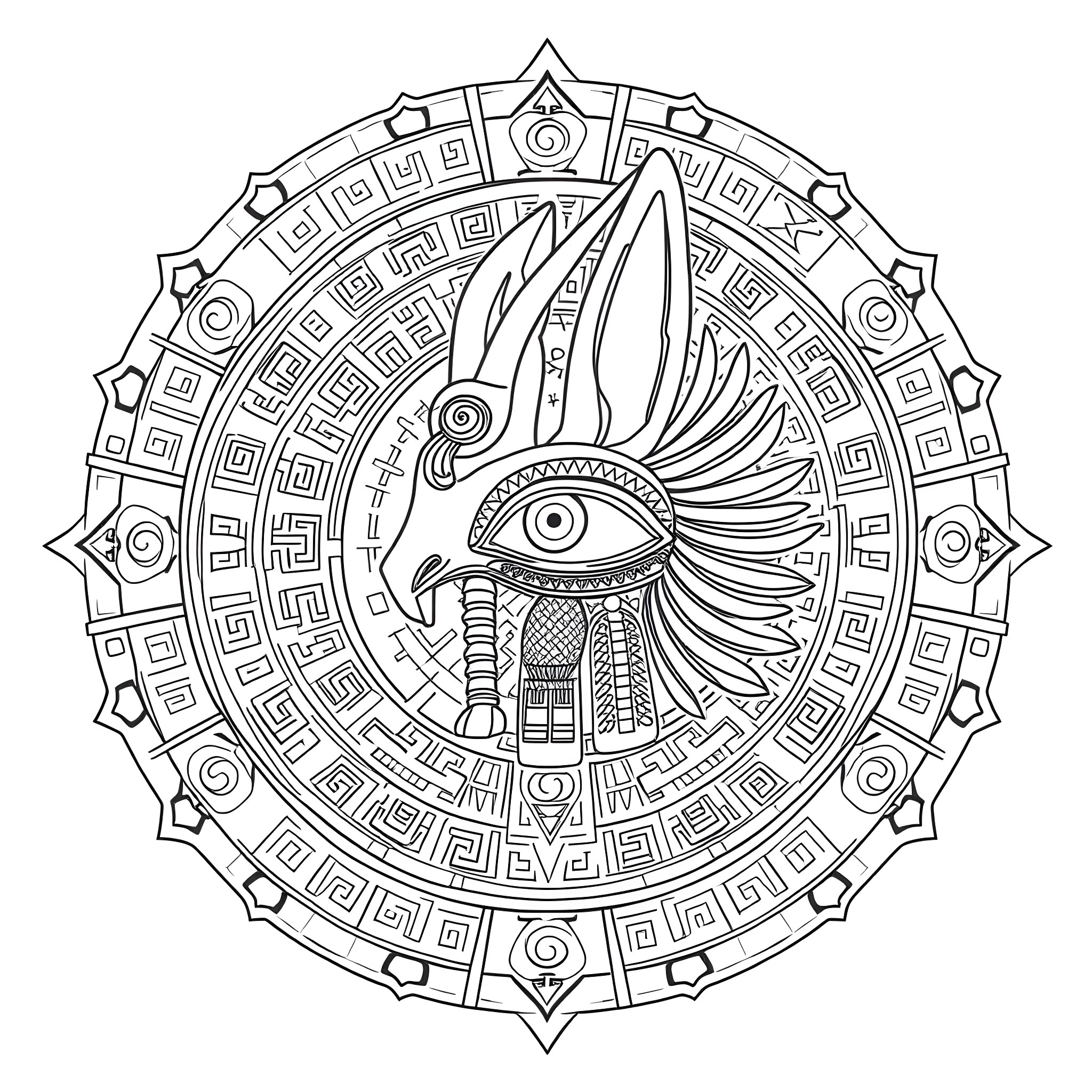 Mandala with intricate bird-like figure Coloring Page (free black-and-white line drawing printable PDF for all, from beginners to advanced learners, including children, teens, adults, and seniors)