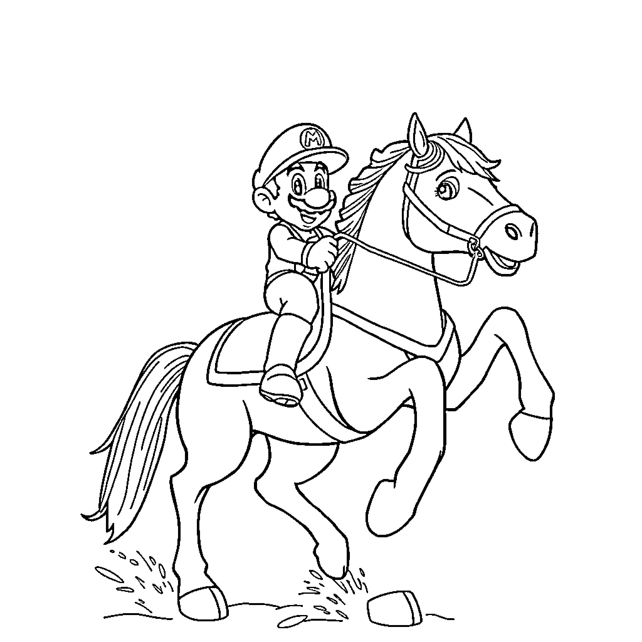 Mario riding a galloping horse Coloring Page (free black-and-white line drawing printable PDF for all, from beginners to advanced learners, including children, teens, adults, and seniors)
