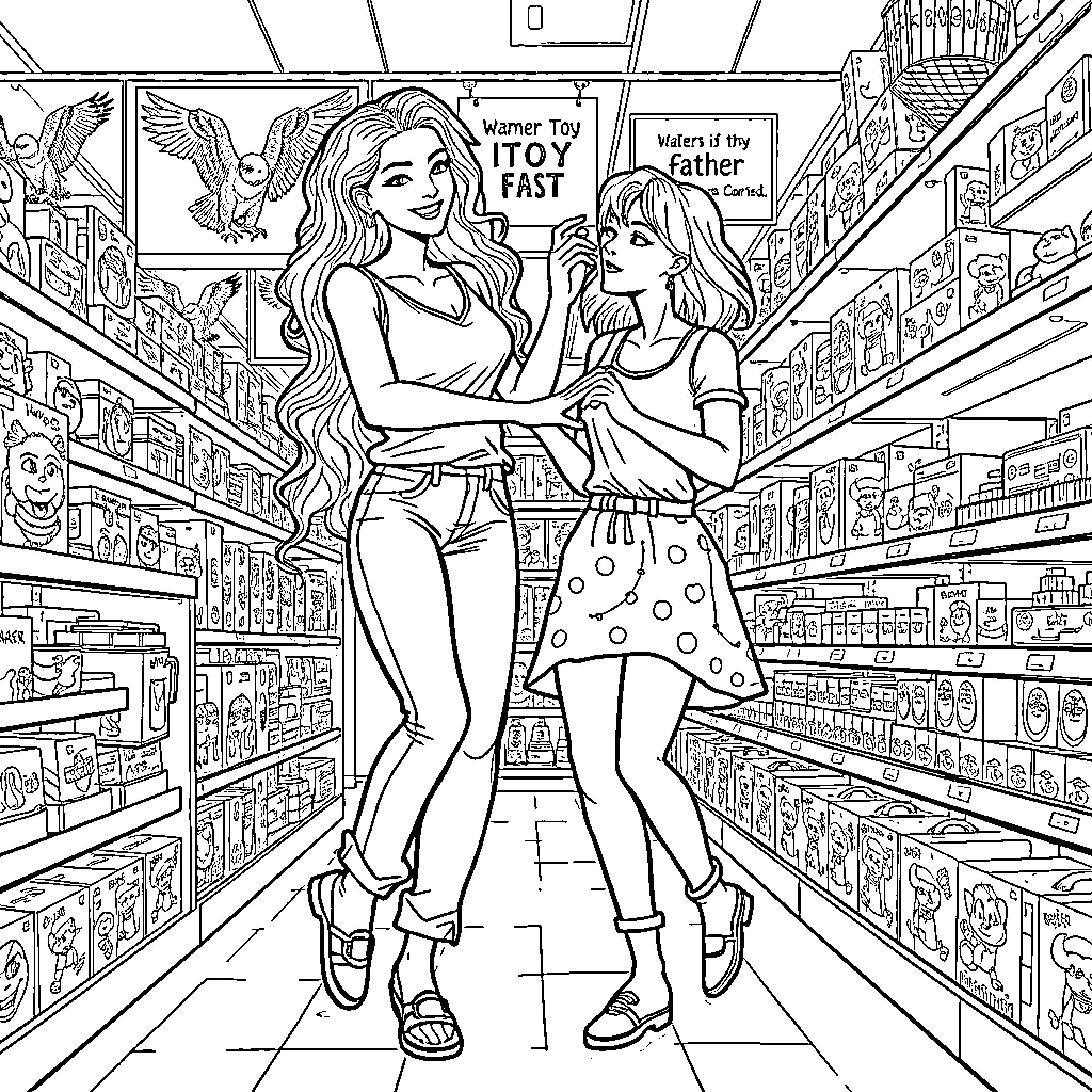 Woman sharing a joyful moment with young girl in store Coloring Page (free black-and-white line drawing printable PDF for all, from beginners to advanced learners, including children, teens, adults, and seniors)