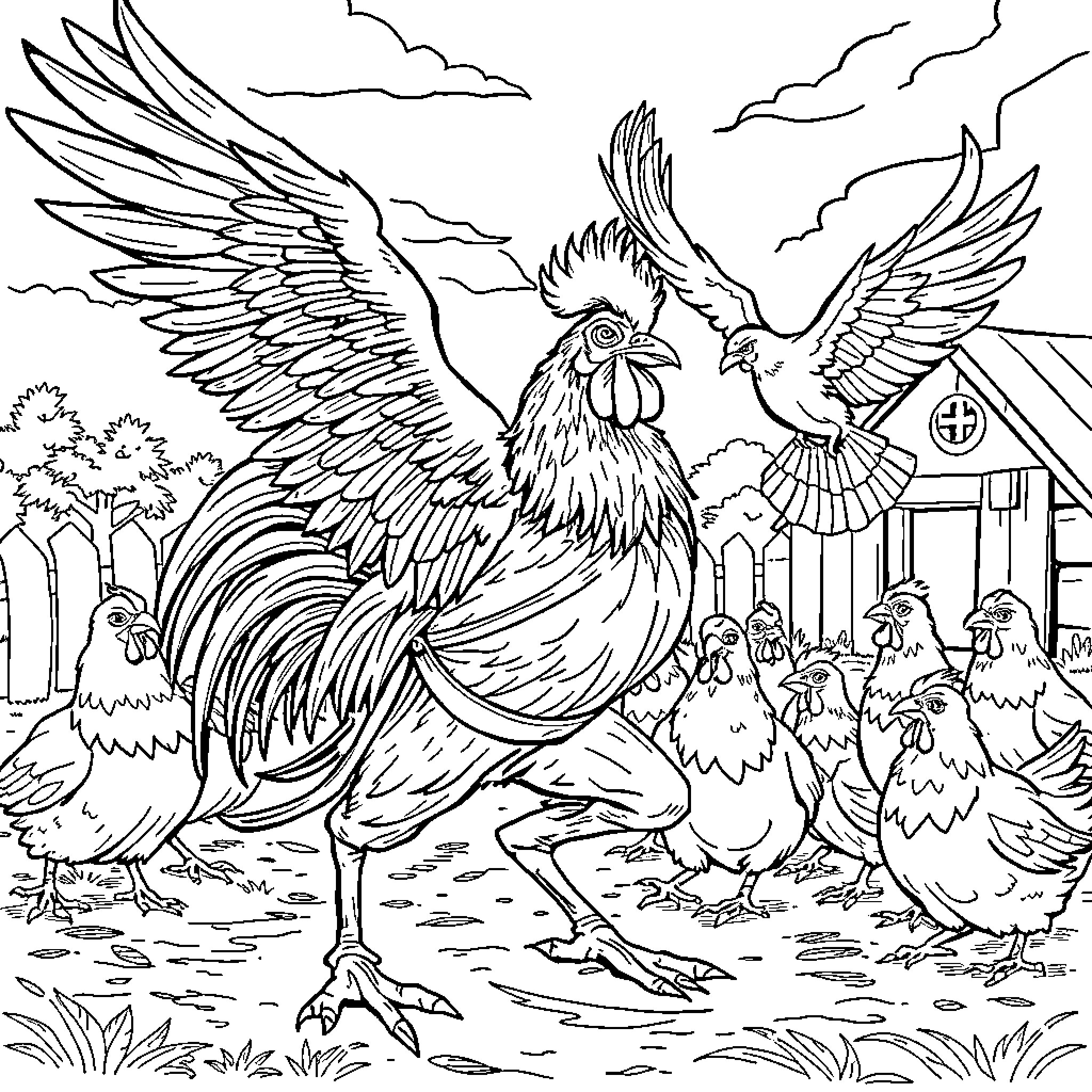 Rooster proudly leading its flock in the farmyard Coloring Page (free black-and-white line drawing printable PDF for all, from beginners to advanced learners, including children, teens, adults, and seniors)