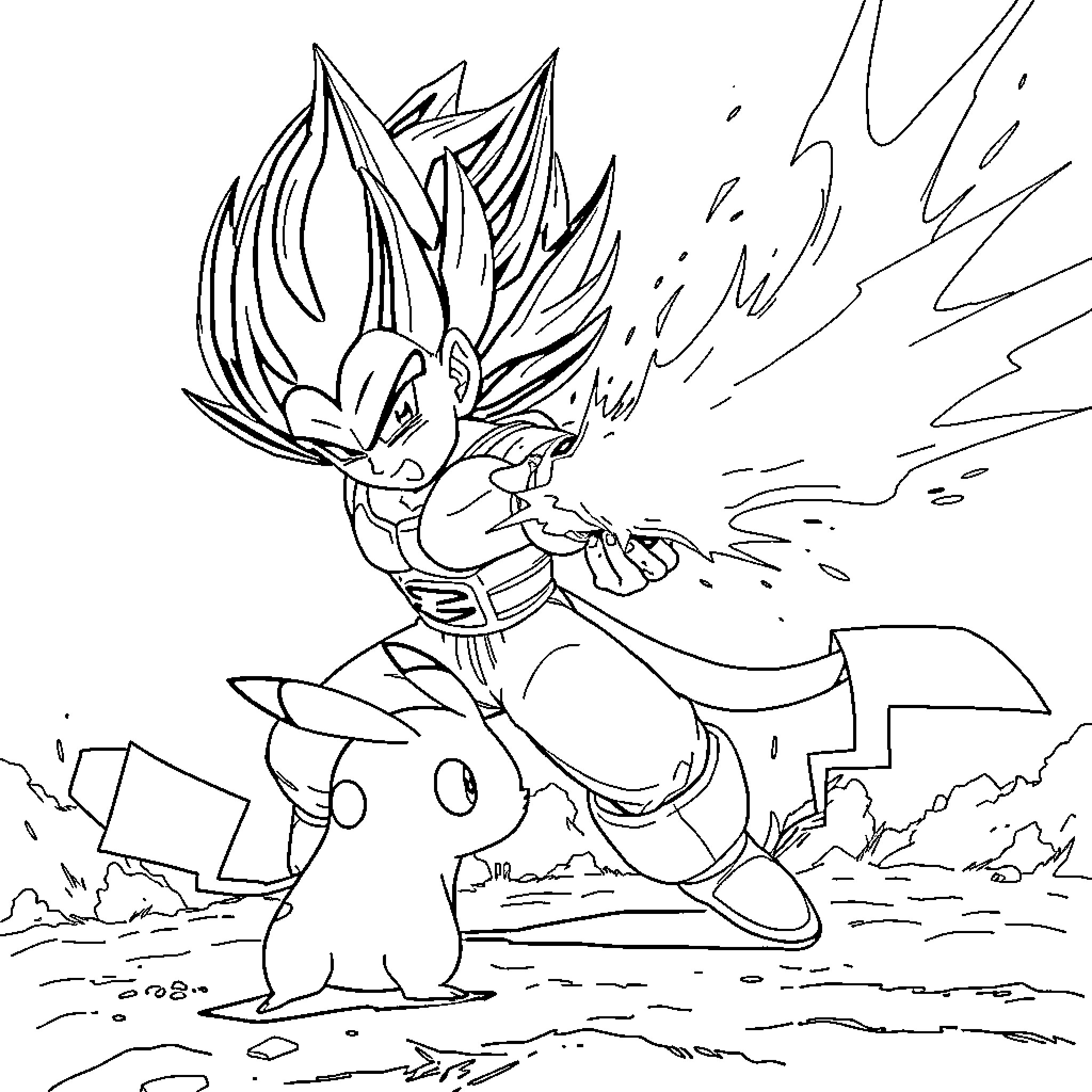 Vegeta unleashes powerful energy attack Coloring Page (free black-and-white line drawing printable PDF for all, from beginners to advanced learners, including children, teens, adults, and seniors)