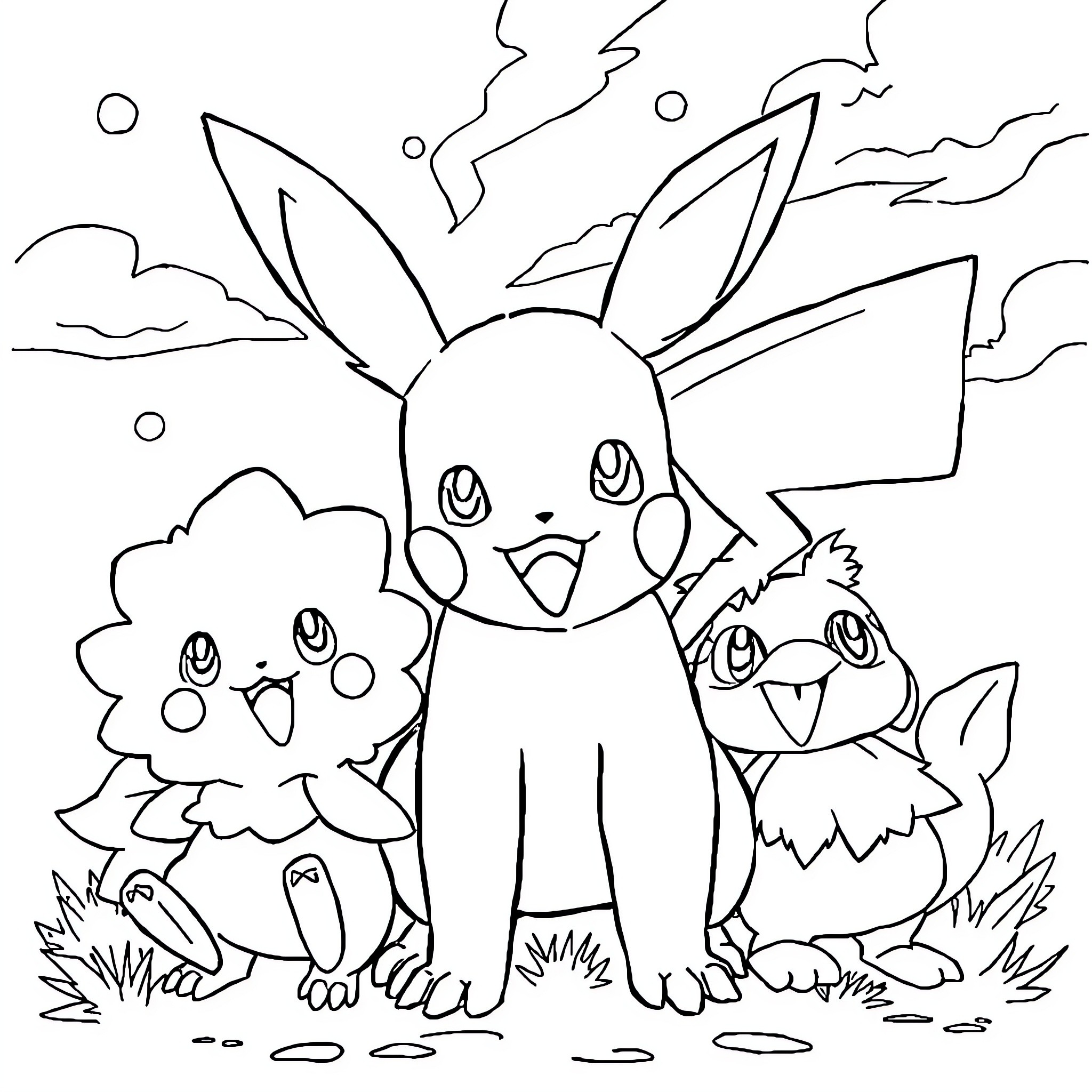Pokémon characters enjoying the outdoors Coloring Page (free black-and-white line drawing printable PDF for all, from beginners to advanced learners, including children, teens, adults, and seniors)