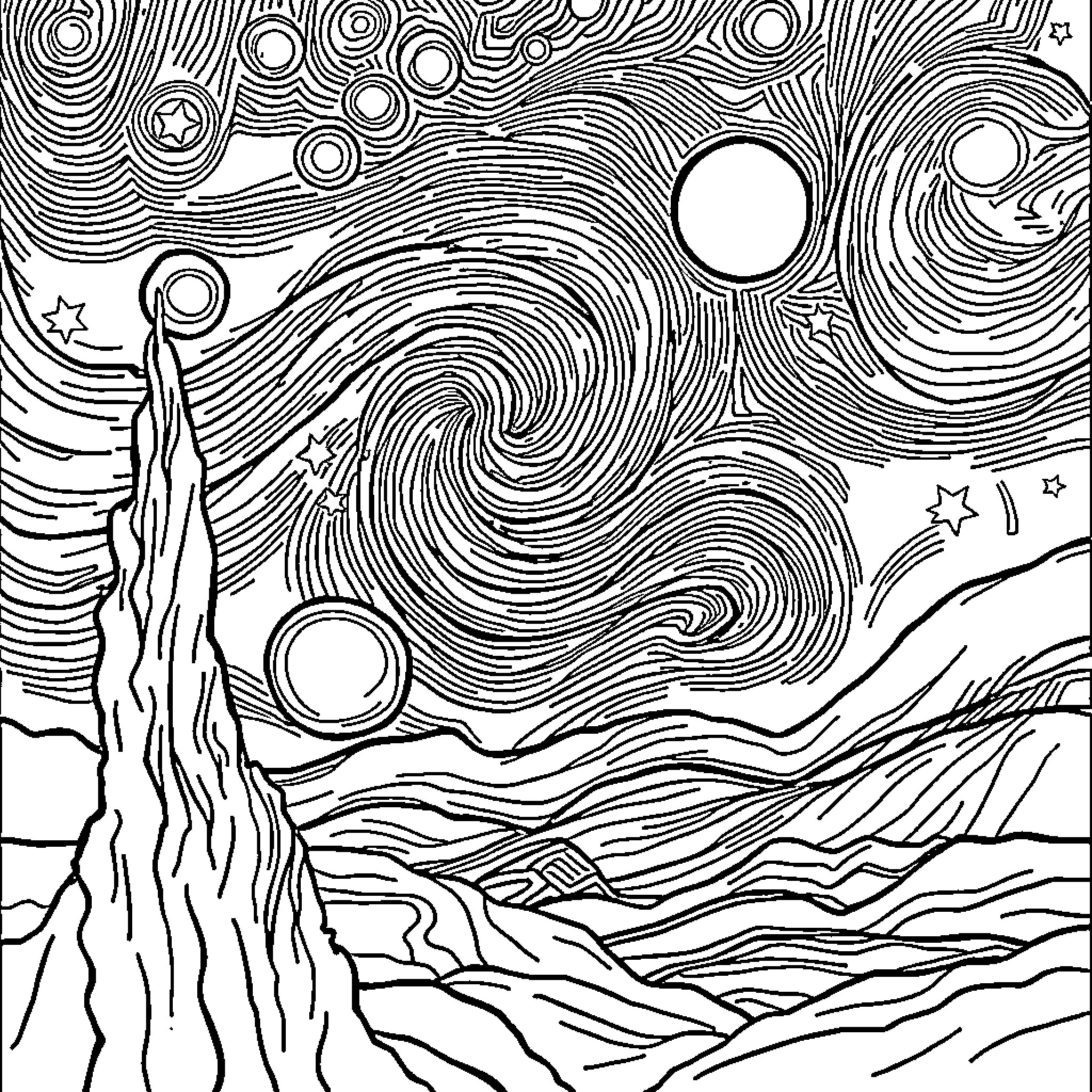 Star-filled Swirling Cosmic Landscape Coloring Page (free black-and-white line drawing printable PDF for all, from beginners to advanced learners, including children, teens, adults, and seniors)