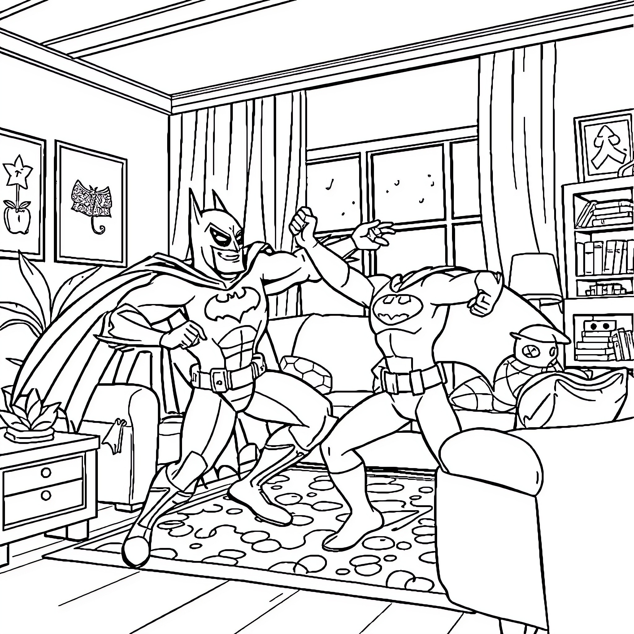 Bluey's Heroic Adventures in the Living Room Coloring Page (free black-and-white line drawing printable PDF for all, from beginners to advanced learners, including children, teens, adults, and seniors)