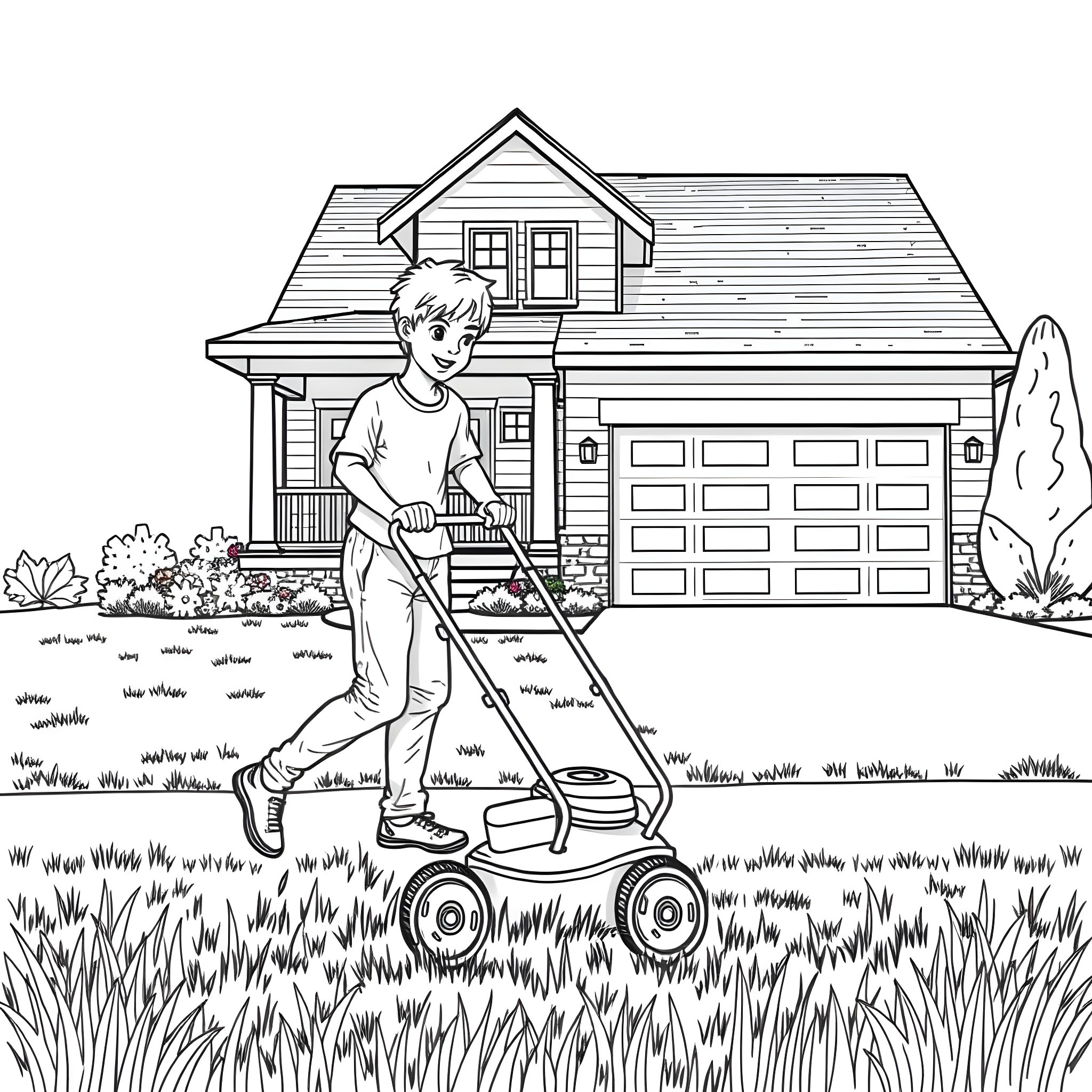 Teen Guy Mowing Lawn Outside Suburban House Coloring Page (free black-and-white line drawing printable PDF for all, from beginners to advanced learners, including children, teens, adults, and seniors)