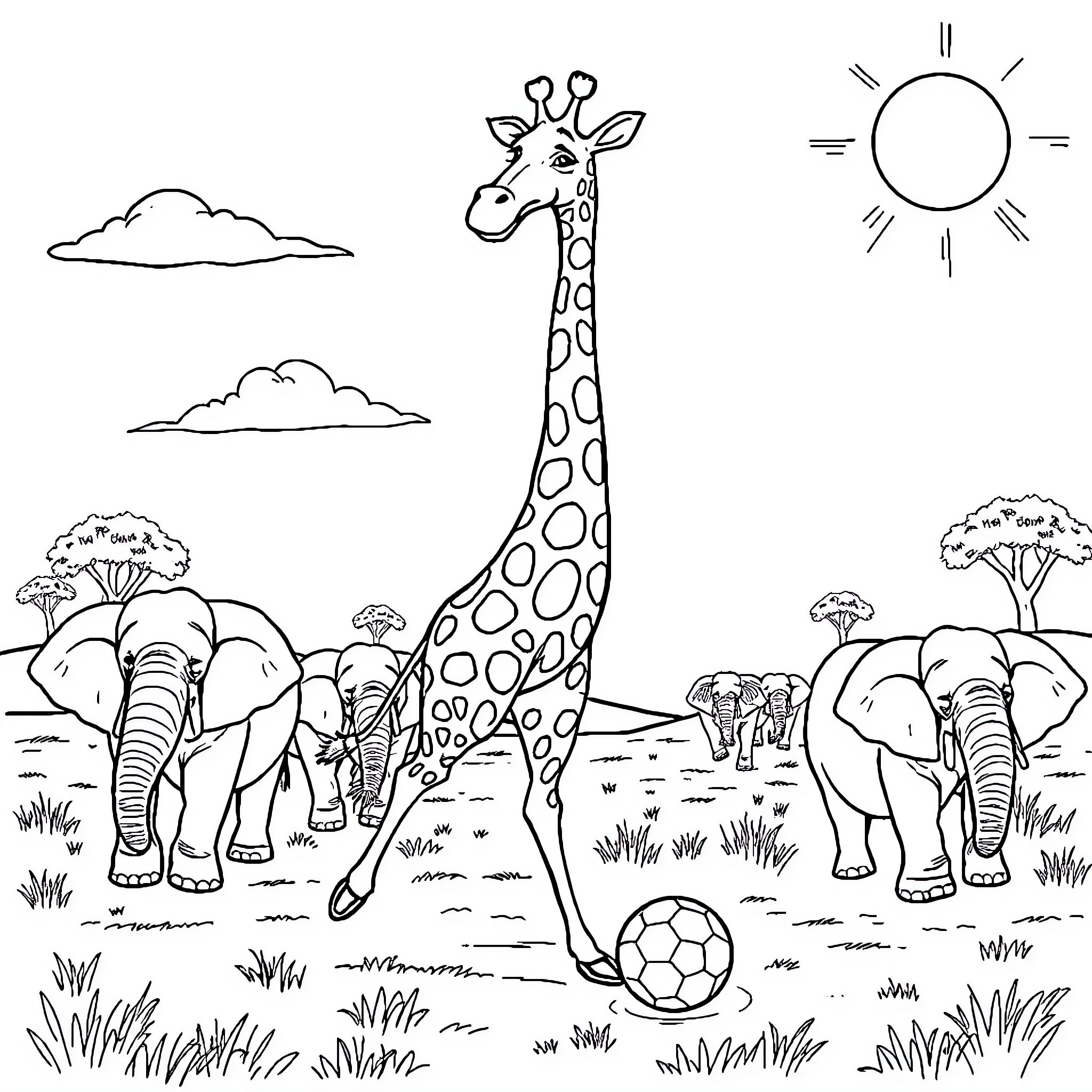 Giraffe enjoying a sunny day with elephant friends Coloring Page (free black-and-white line drawing printable PDF for all, from beginners to advanced learners, including children, teens, adults, and seniors)