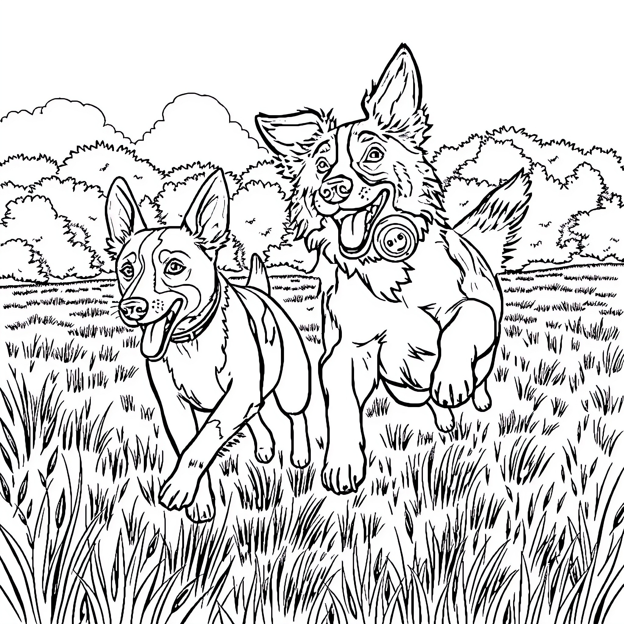 Collie dogs playing enthusiastically in a grassy field Coloring Page (free black-and-white line drawing printable PDF for all, from beginners to advanced learners, including children, teens, adults, and seniors)