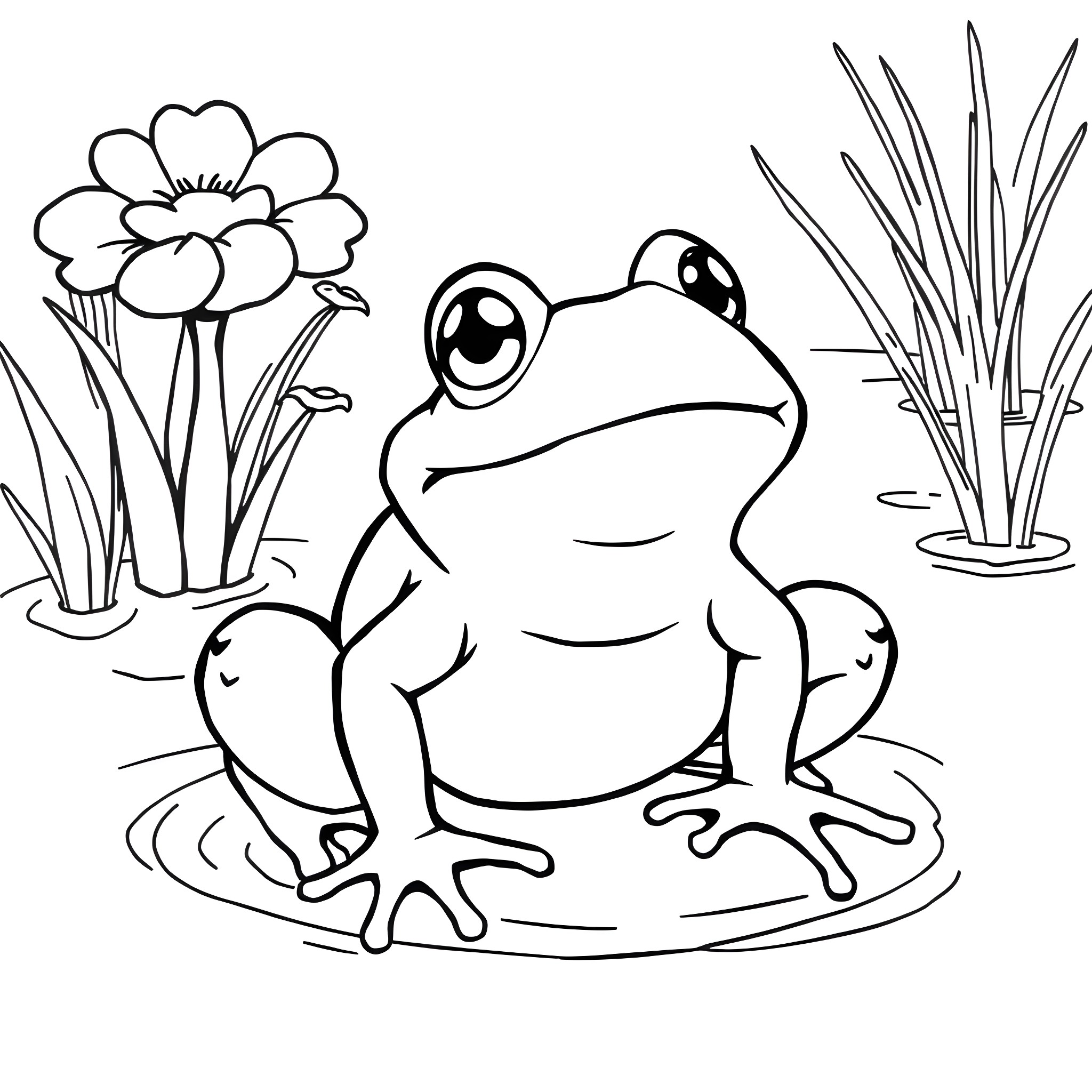 Frog sitting on a lily pad with flowers Coloring Page (free black-and-white line drawing printable PDF for all, from beginners to advanced learners, including children, teens, adults, and seniors)