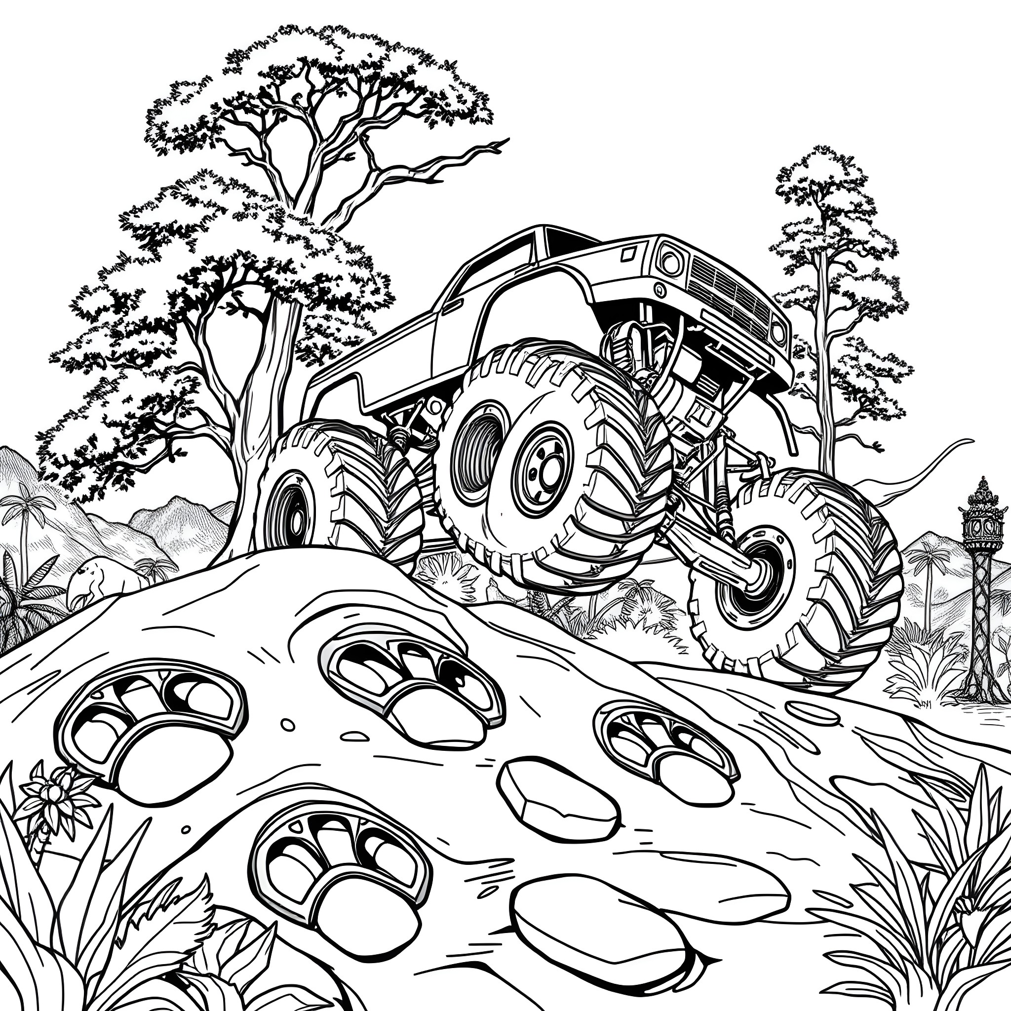 Dinosaur Truck Navigating through Mysterious Jungle Landscape Coloring Page (free black-and-white line drawing printable PDF for all, from beginners to advanced learners, including children, teens, adults, and seniors)