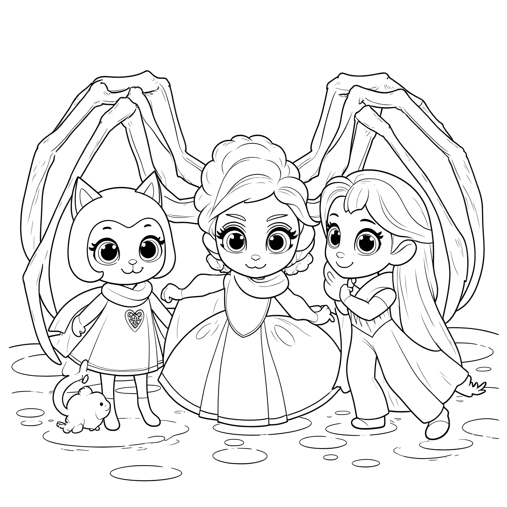 Elsa and friends in a magical scene Coloring Page (free black-and-white line drawing printable PDF for all, from beginners to advanced learners, including children, teens, adults, and seniors)