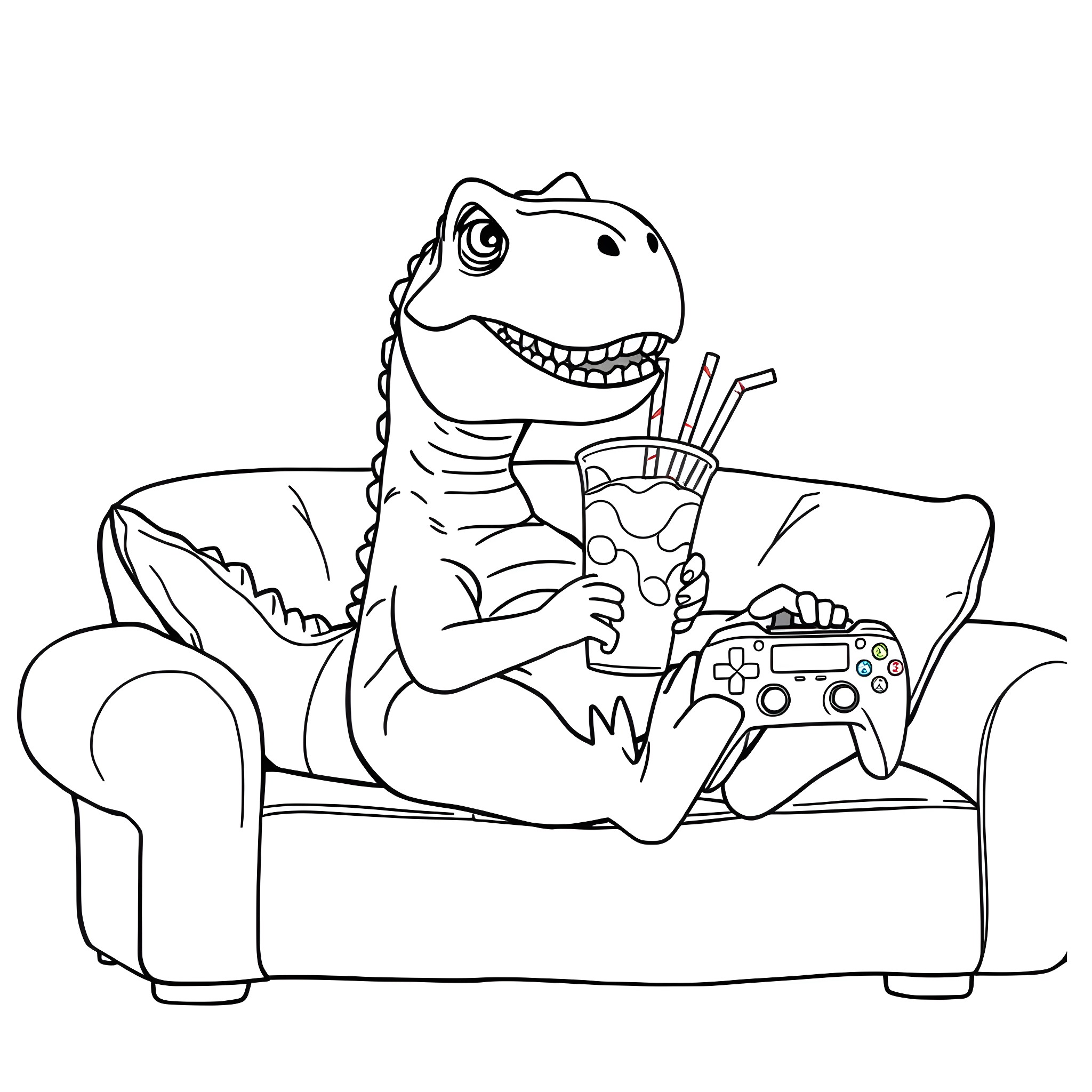 Dinosaur relaxing and playing video games on the couch Coloring Page (free black-and-white line drawing printable PDF for all, from beginners to advanced learners, including children, teens, adults, and seniors)