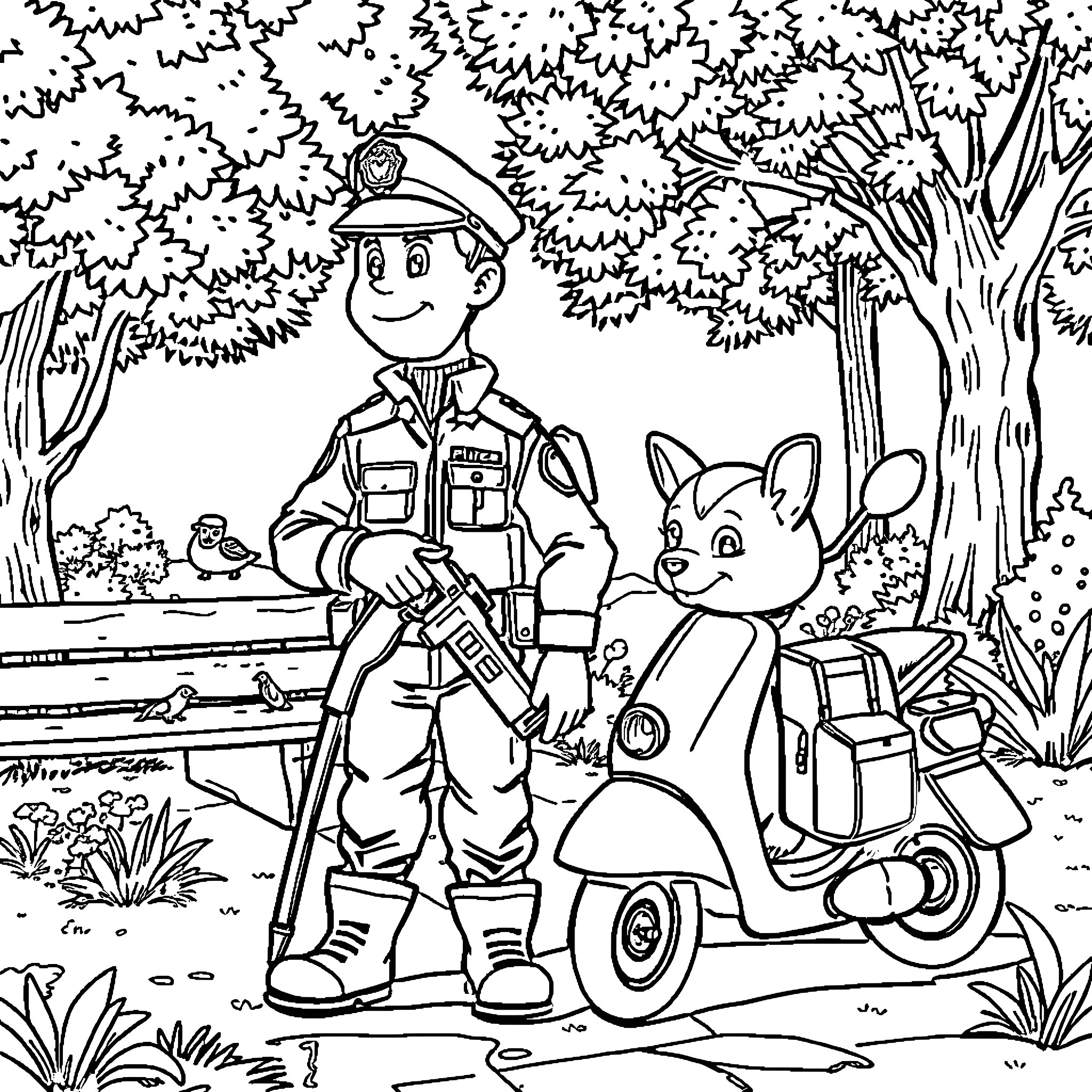 Policjant Assisting Friendly Officer on Scooter in Wooded Area Coloring Page (free black-and-white line drawing printable PDF for all, from beginners to advanced learners, including children, teens, adults, and seniors)