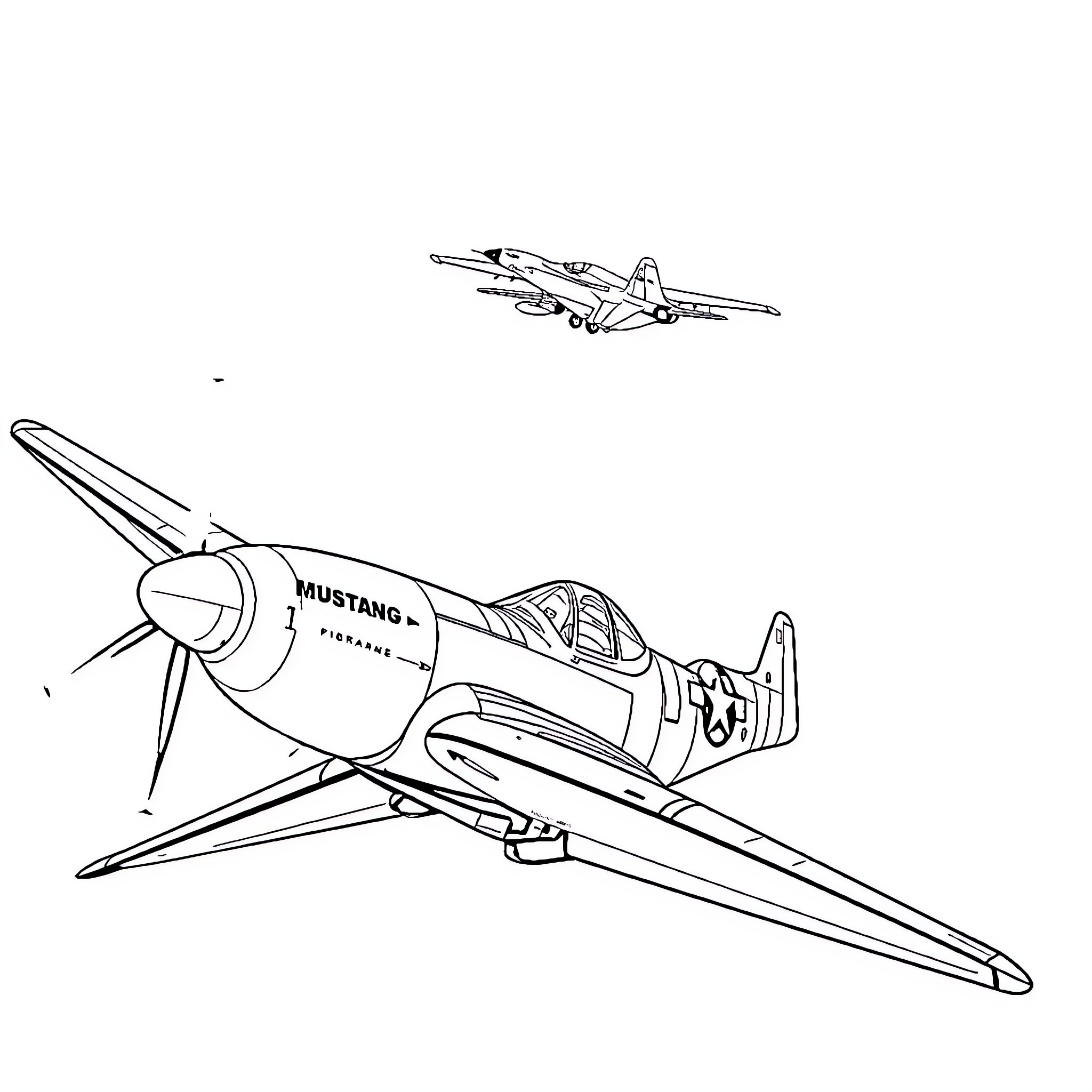 Mustang fighter jets in flight formation Coloring Page (free black-and-white line drawing printable PDF for all, from beginners to advanced learners, including children, teens, adults, and seniors)