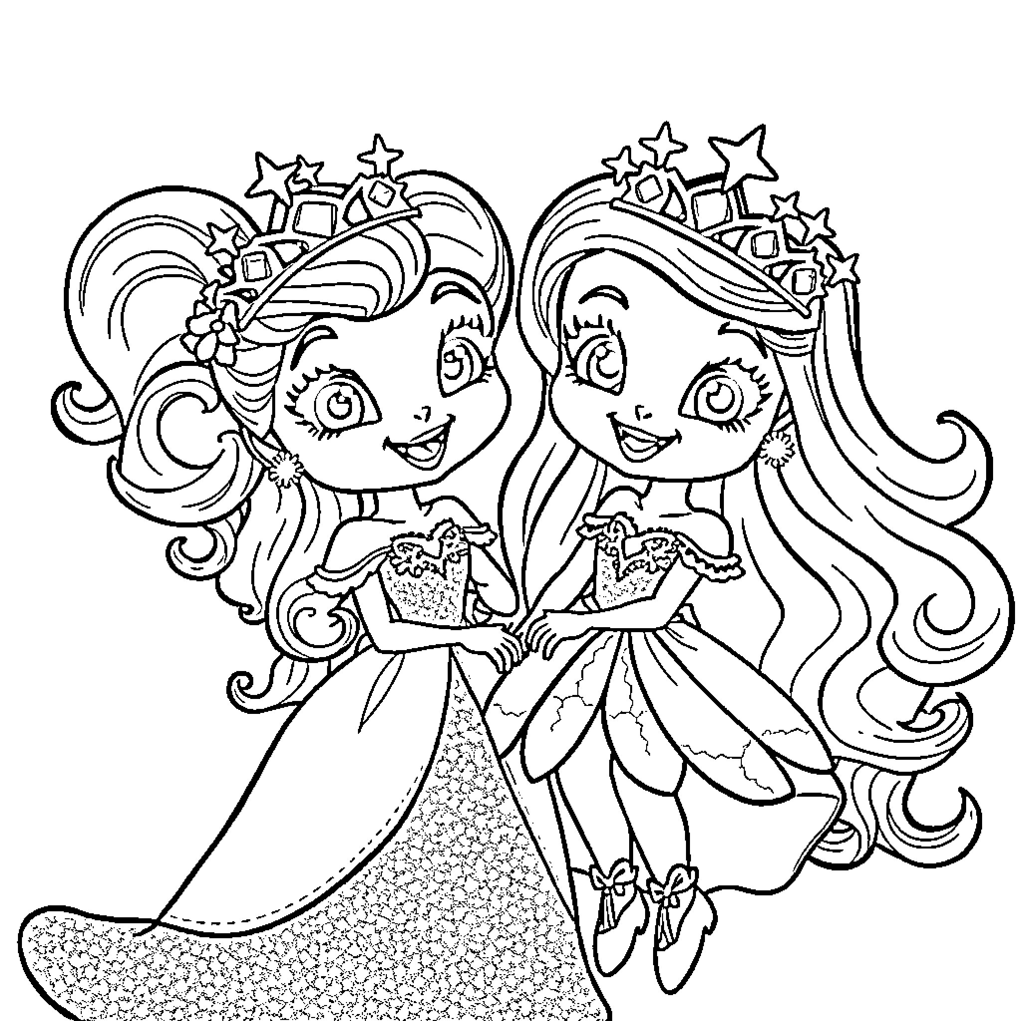 Bluey and Bingo in Fancy Dresses with Stars Coloring Page (free black-and-white line drawing printable PDF for all, from beginners to advanced learners, including children, teens, adults, and seniors)