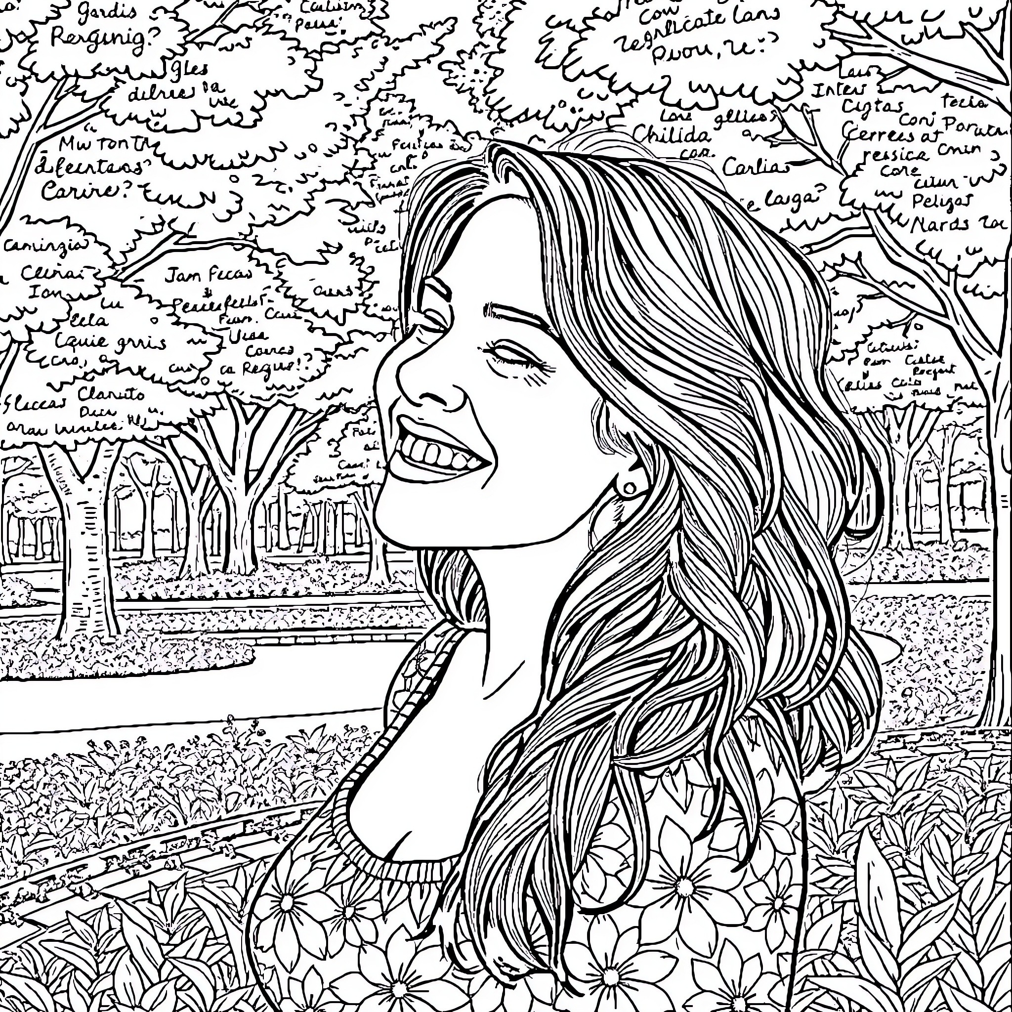Karime Scander enjoying the outdoors with a cheerful expression Coloring Page (free black-and-white line drawing printable PDF for all, from beginners to advanced learners, including children, teens, adults, and seniors)