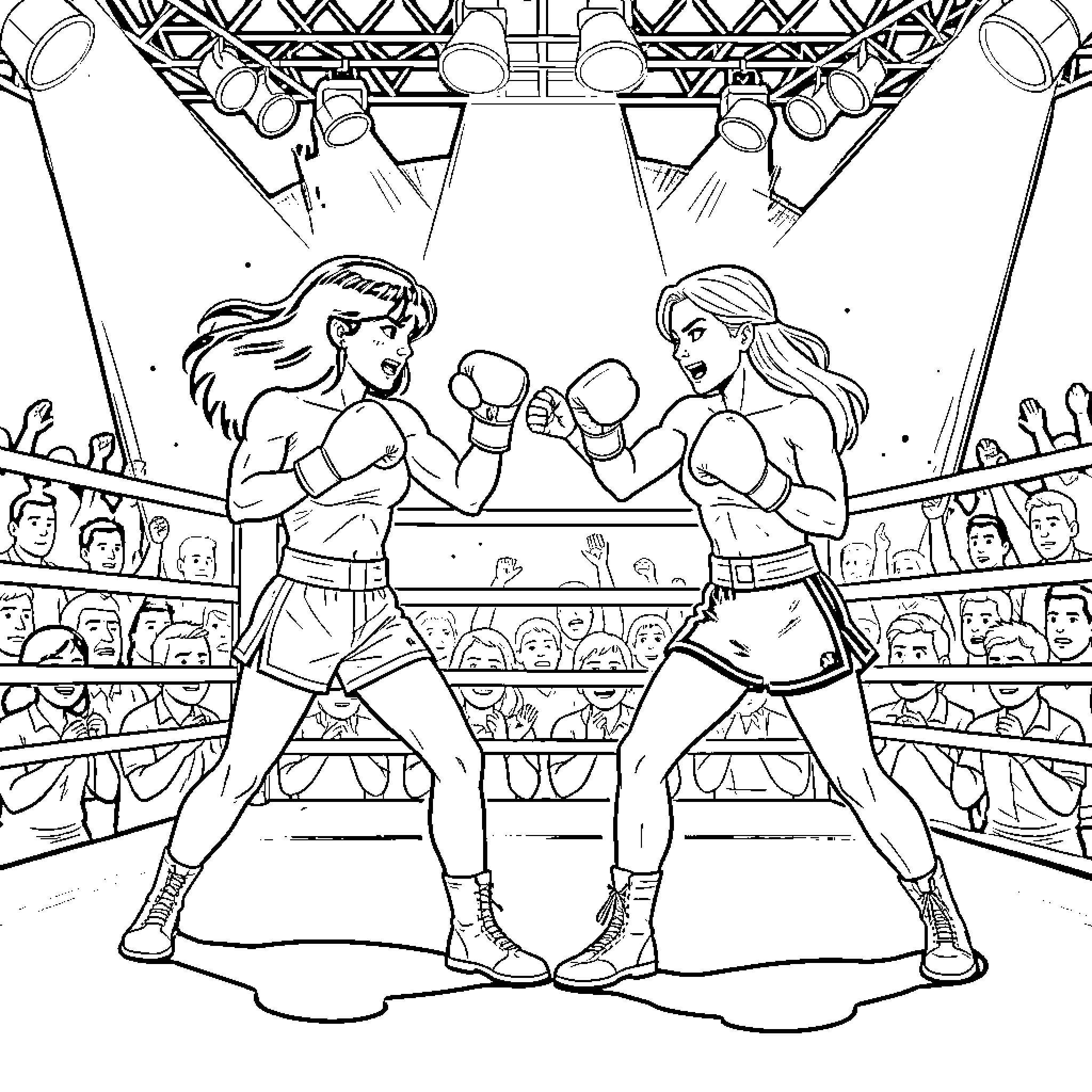 Marlén's Boxing Match in the Arena Coloring Page (free black-and-white line drawing printable PDF for all, from beginners to advanced learners, including children, teens, adults, and seniors)