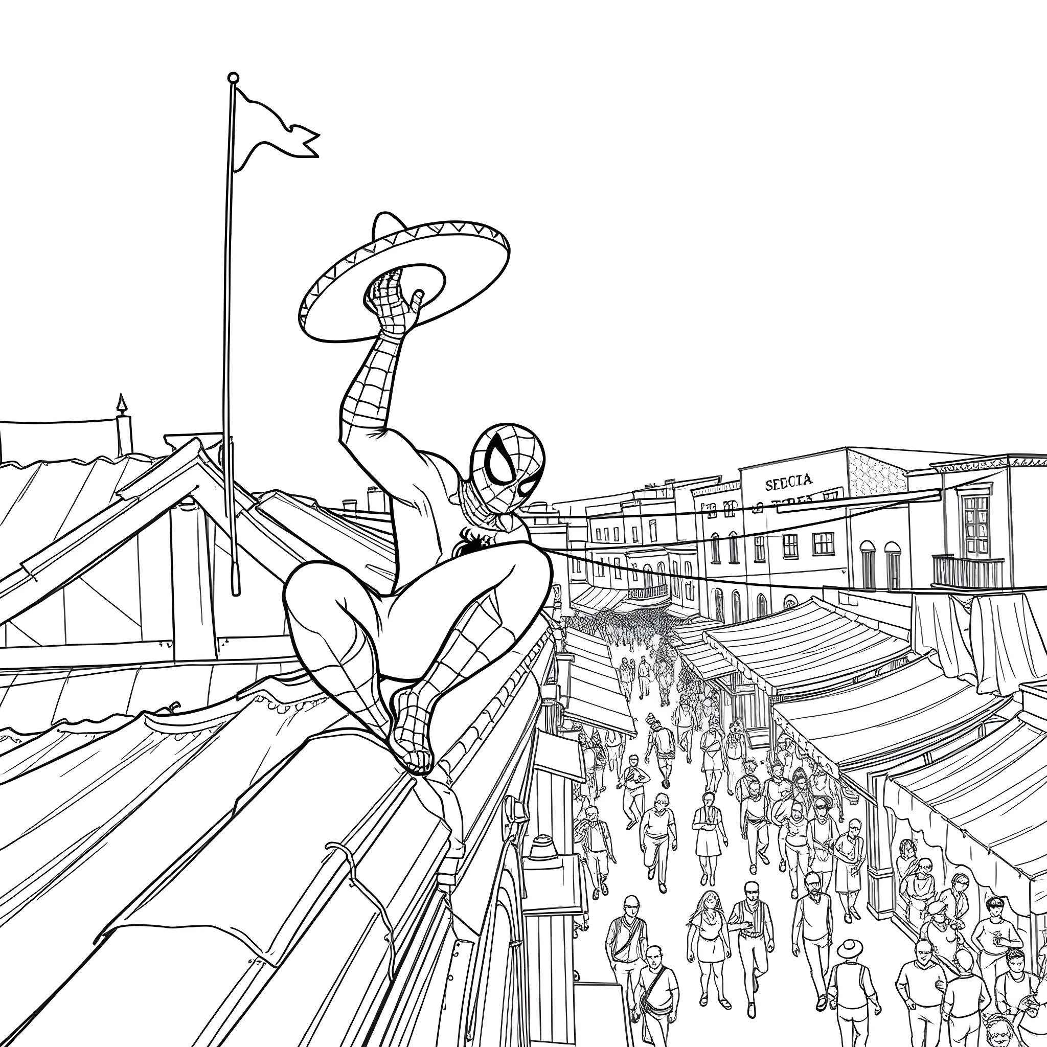 Spiderman swinging through a busy city scene Coloring Page (free black-and-white line drawing printable PDF for all, from beginners to advanced learners, including children, teens, adults, and seniors)