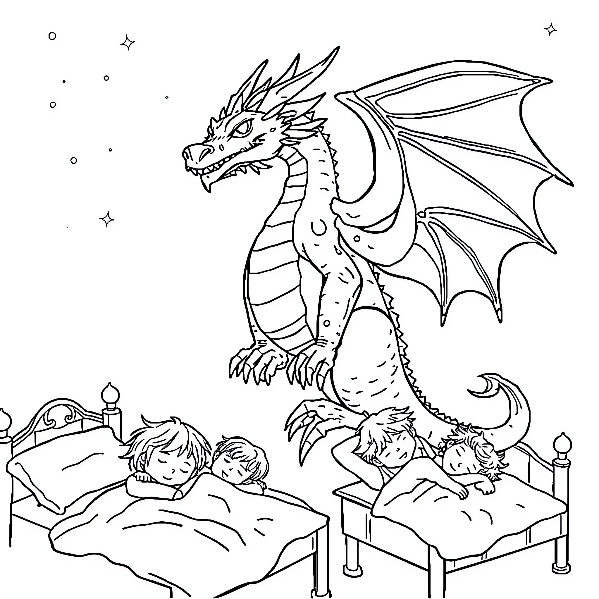 Dragon overlooking sleeping children in bedroom Coloring Page (free black-and-white line drawing printable PDF for all, from beginners to advanced learners, including children, teens, adults, and seniors)