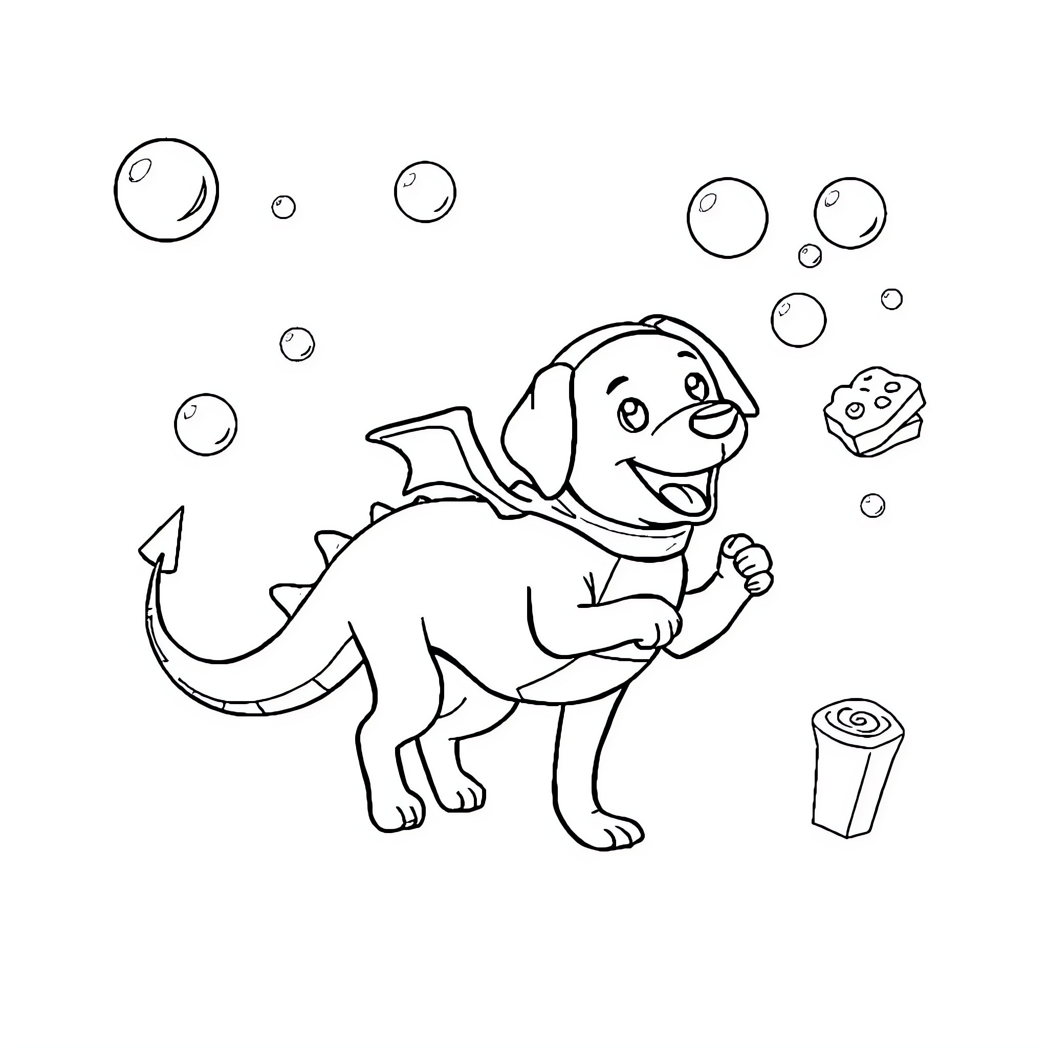 Dog playing with bubbles and toys Coloring Page (free black-and-white line drawing printable PDF for all, from beginners to advanced learners, including children, teens, adults, and seniors)