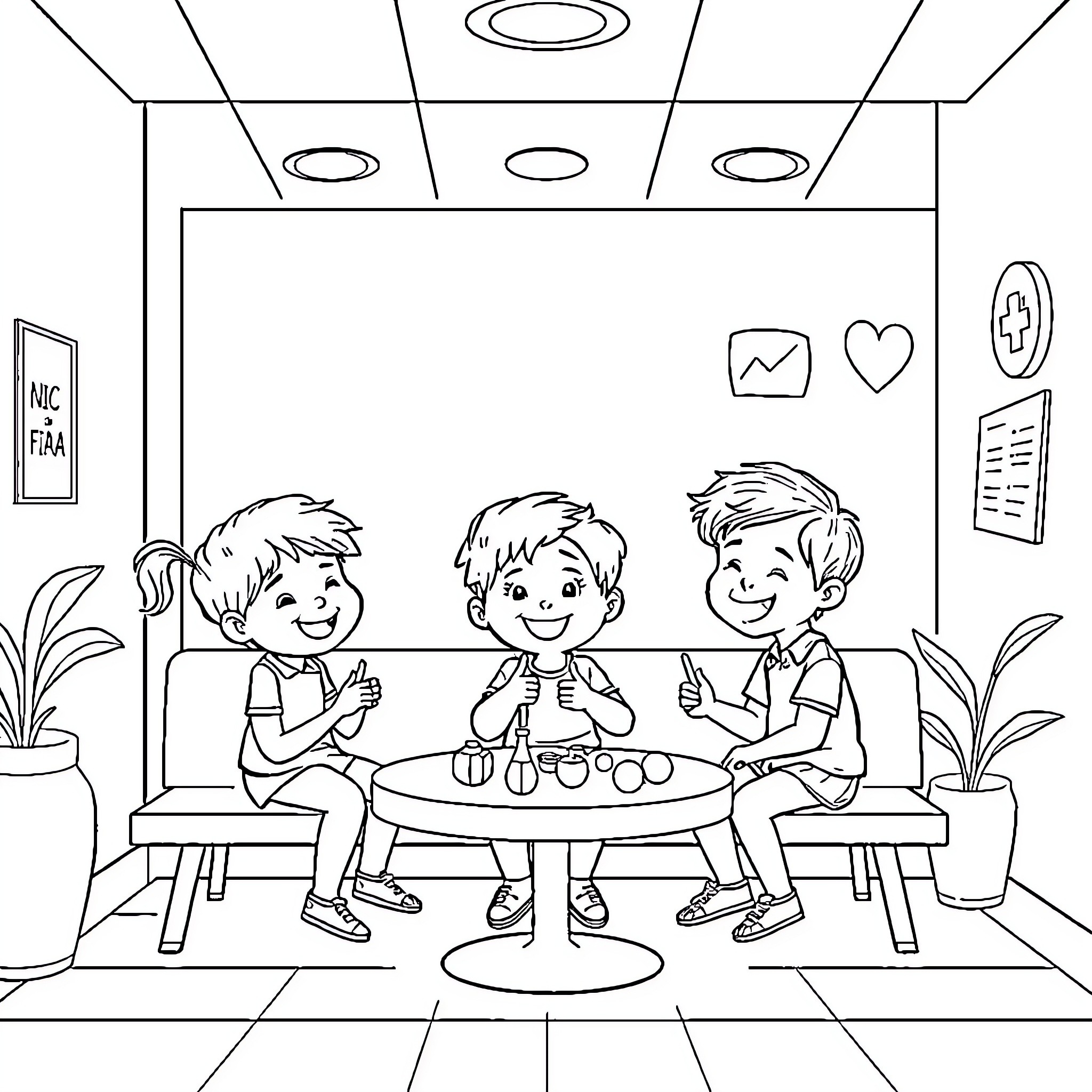 Niños conversando alegremente en la sala Coloring Page (free black-and-white line drawing printable PDF for all, from beginners to advanced learners, including children, teens, adults, and seniors)