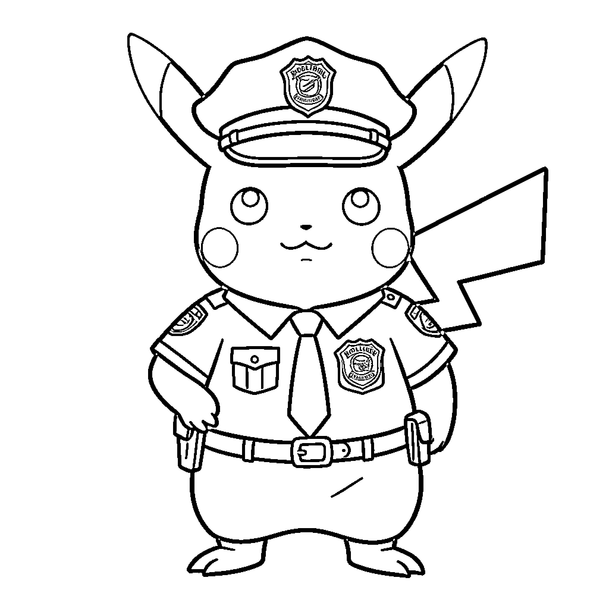 Pikachu dressed in a police officer uniform Coloring Page (free black-and-white line drawing printable PDF for all, from beginners to advanced learners, including children, teens, adults, and seniors)