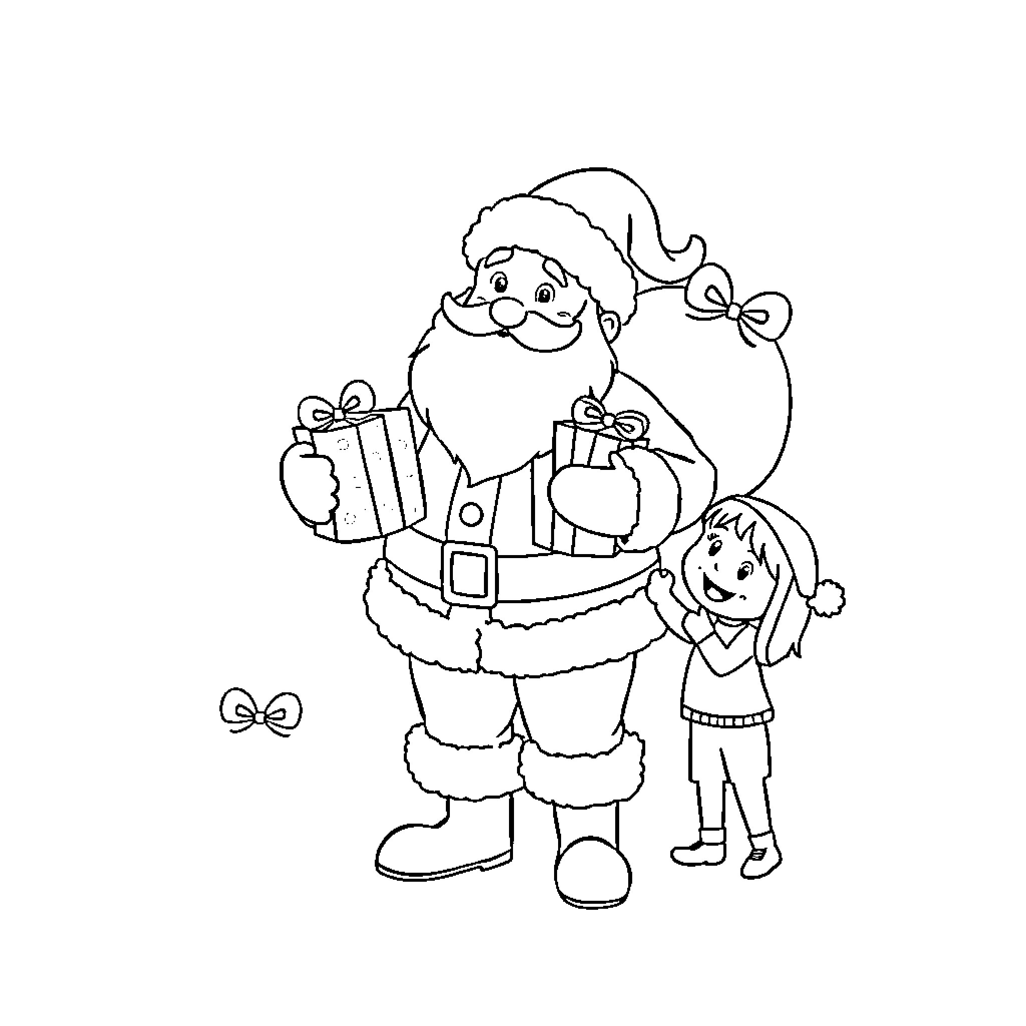 Santa Claus giving gifts to a young girl Coloring Page (free black-and-white line drawing printable PDF for all, from beginners to advanced learners, including children, teens, adults, and seniors)