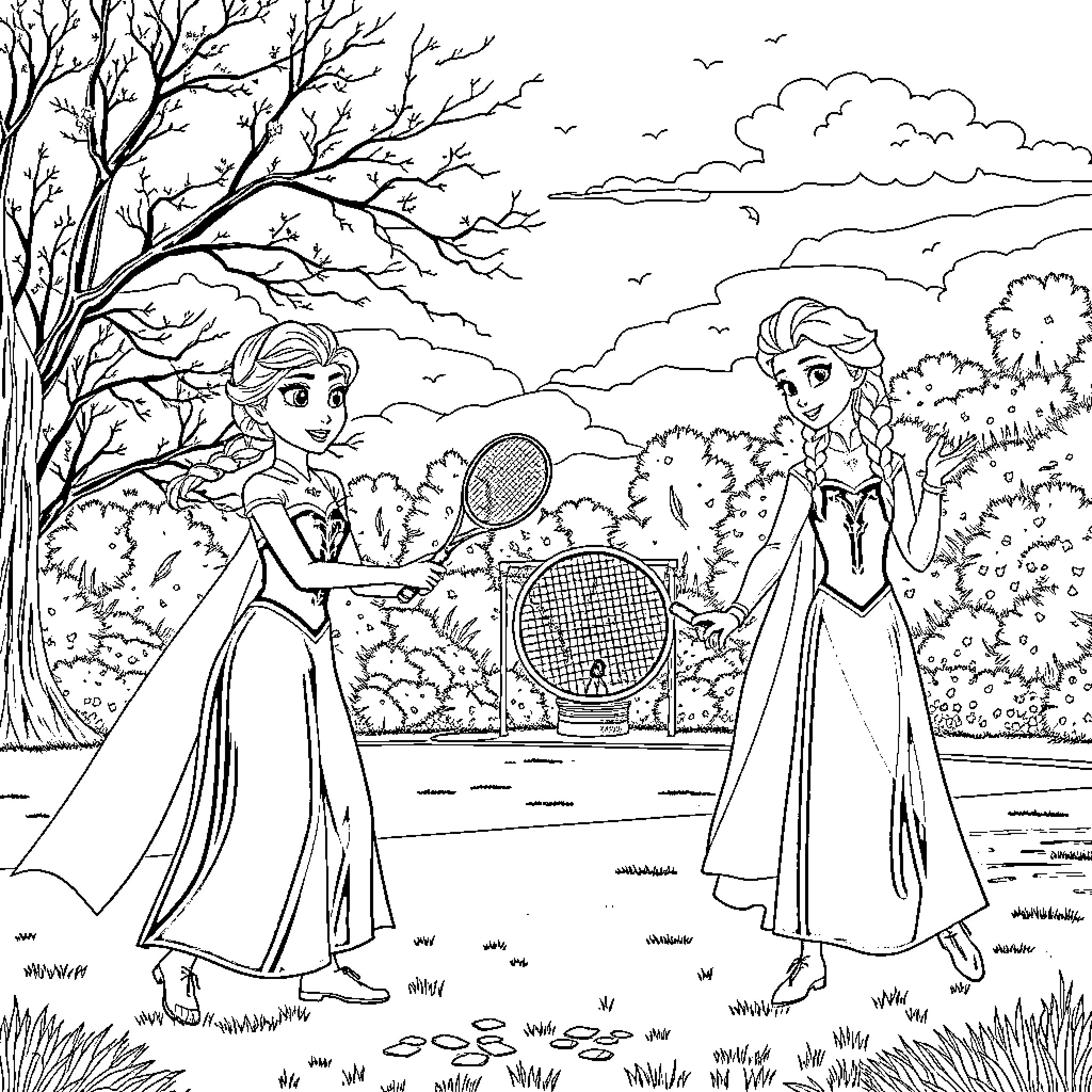 Anna and Elsa playing tennis in the park Coloring Page (free black-and-white line drawing printable PDF for all, from beginners to advanced learners, including children, teens, adults, and seniors)