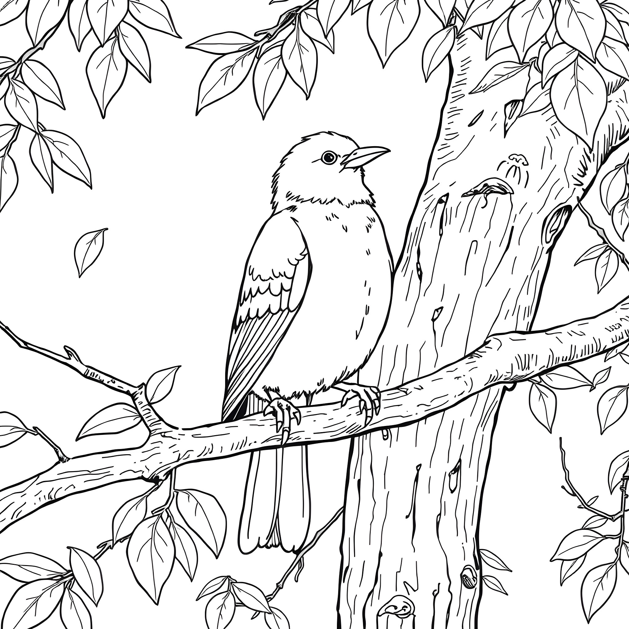 Canary perched on a tree branch Coloring Page (free black-and-white line drawing printable PDF for all, from beginners to advanced learners, including children, teens, adults, and seniors)