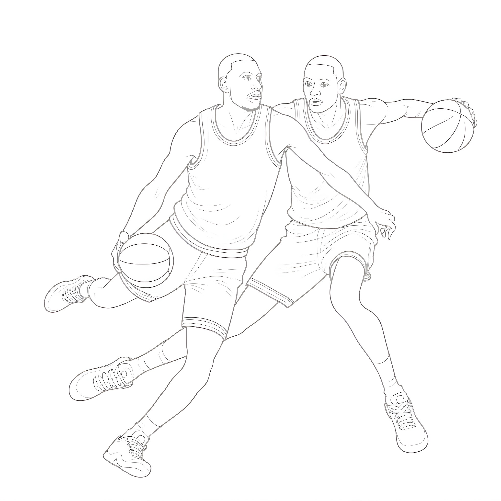 Michael Jordan and teammate playing basketball Coloring Page (free black-and-white line drawing printable PDF for all, from beginners to advanced learners, including children, teens, adults, and seniors)