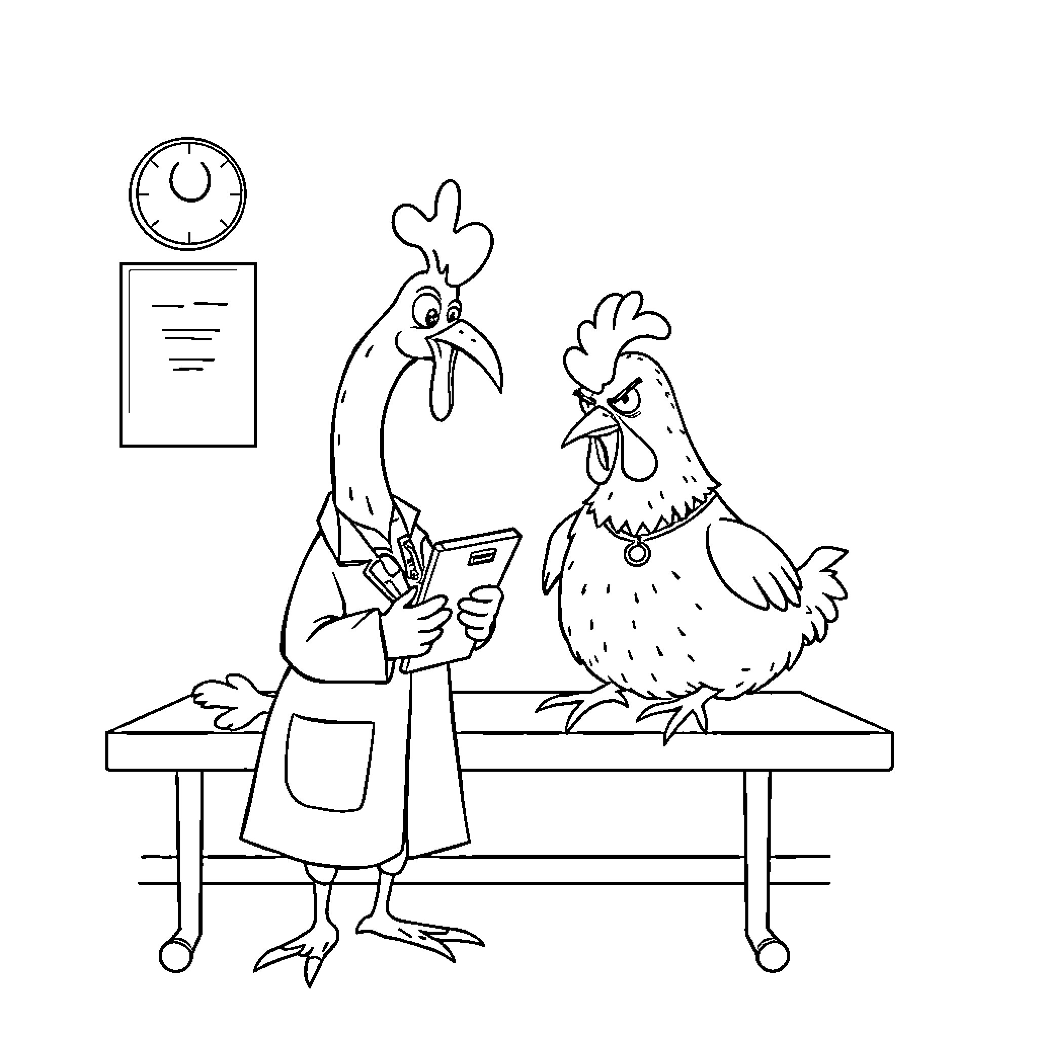 Chicken in Doctor's Office Coloring Page (free black-and-white line drawing printable PDF for all, from beginners to advanced learners, including children, teens, adults, and seniors)