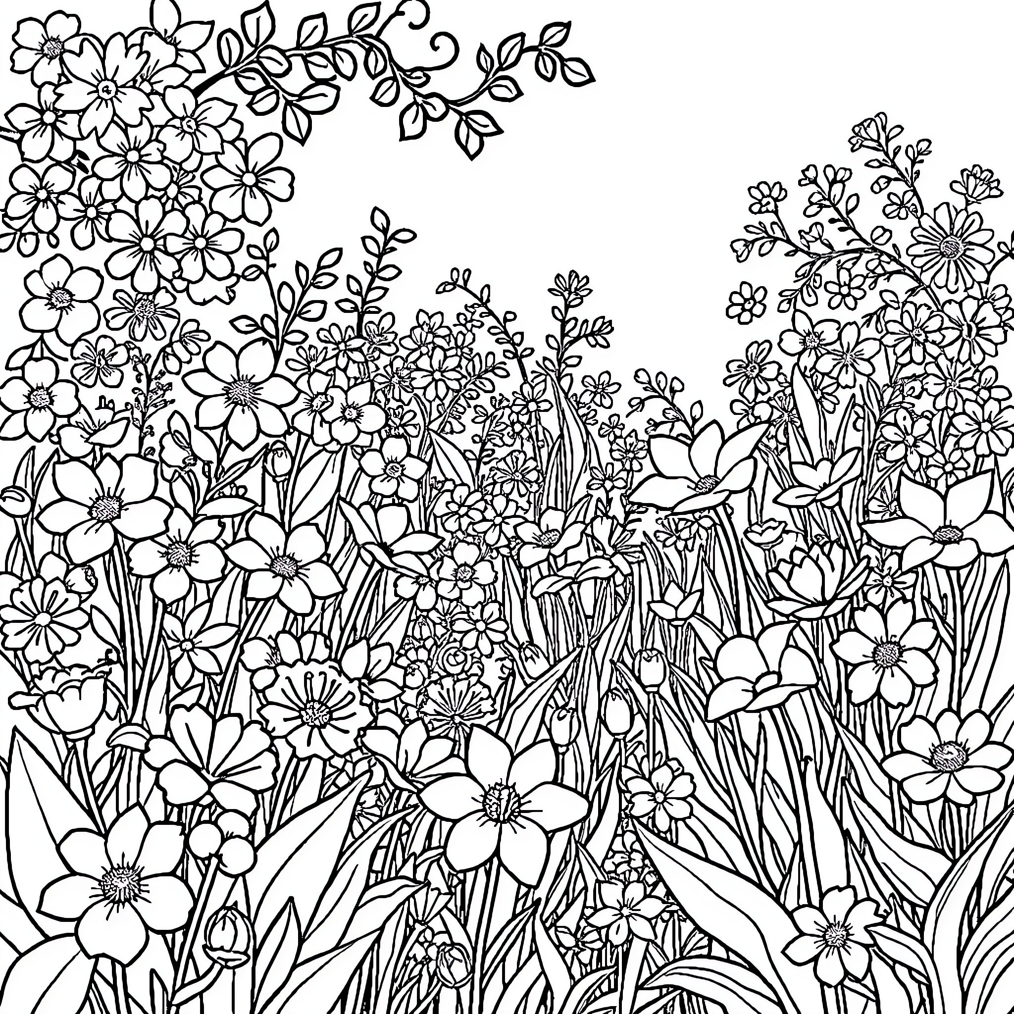 Flower Garden with Blooming Flowers Coloring Page (free black-and-white line drawing printable PDF for all, from beginners to advanced learners, including children, teens, adults, and seniors)