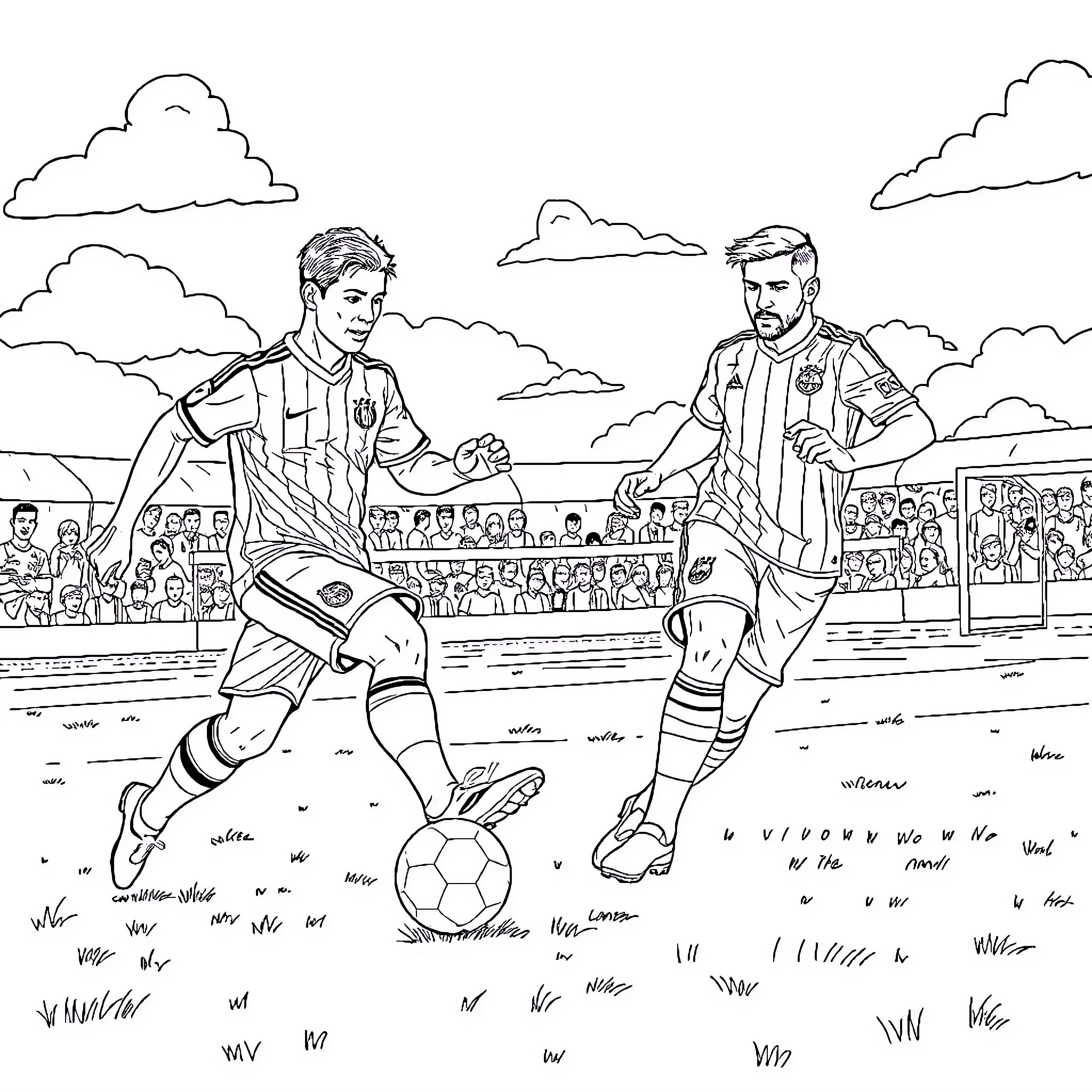 Cristiano Ronaldo and Lionel Messi competing on the soccer field Coloring Page (free black-and-white line drawing printable PDF for all, from beginners to advanced learners, including children, teens, adults, and seniors)