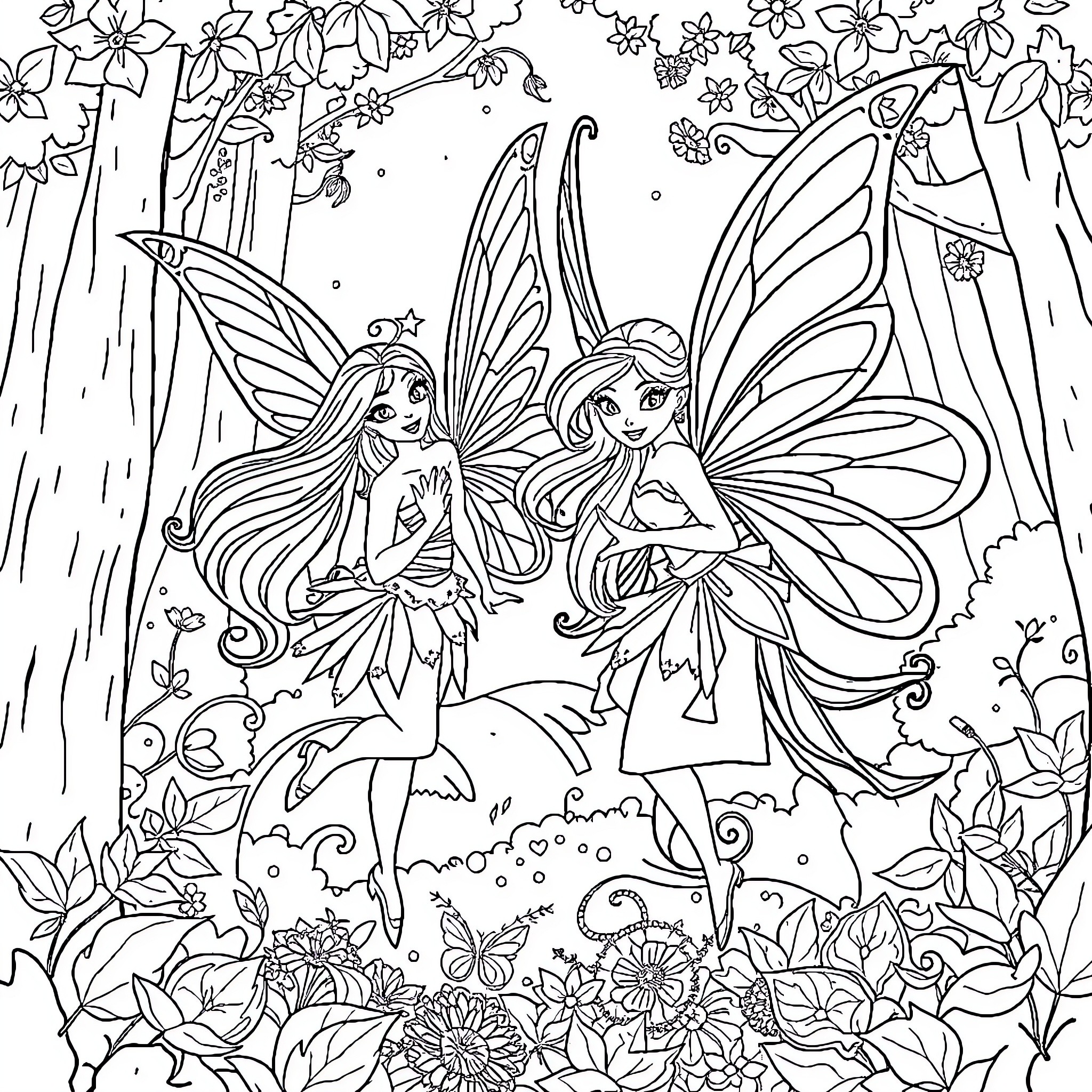 Winx Fairy Friends in Enchanted Forest Coloring Page (free black-and-white line drawing printable PDF for all, from beginners to advanced learners, including children, teens, adults, and seniors)