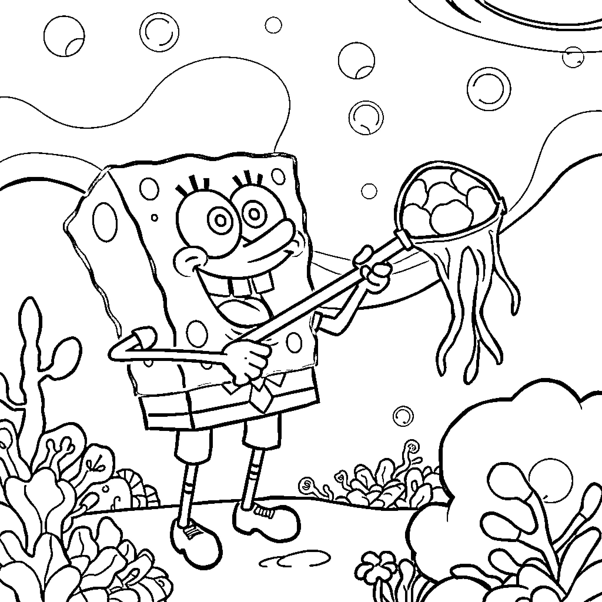 Spongebob exploring the underwater world Coloring Page (free black-and-white line drawing printable PDF for all, from beginners to advanced learners, including children, teens, adults, and seniors)