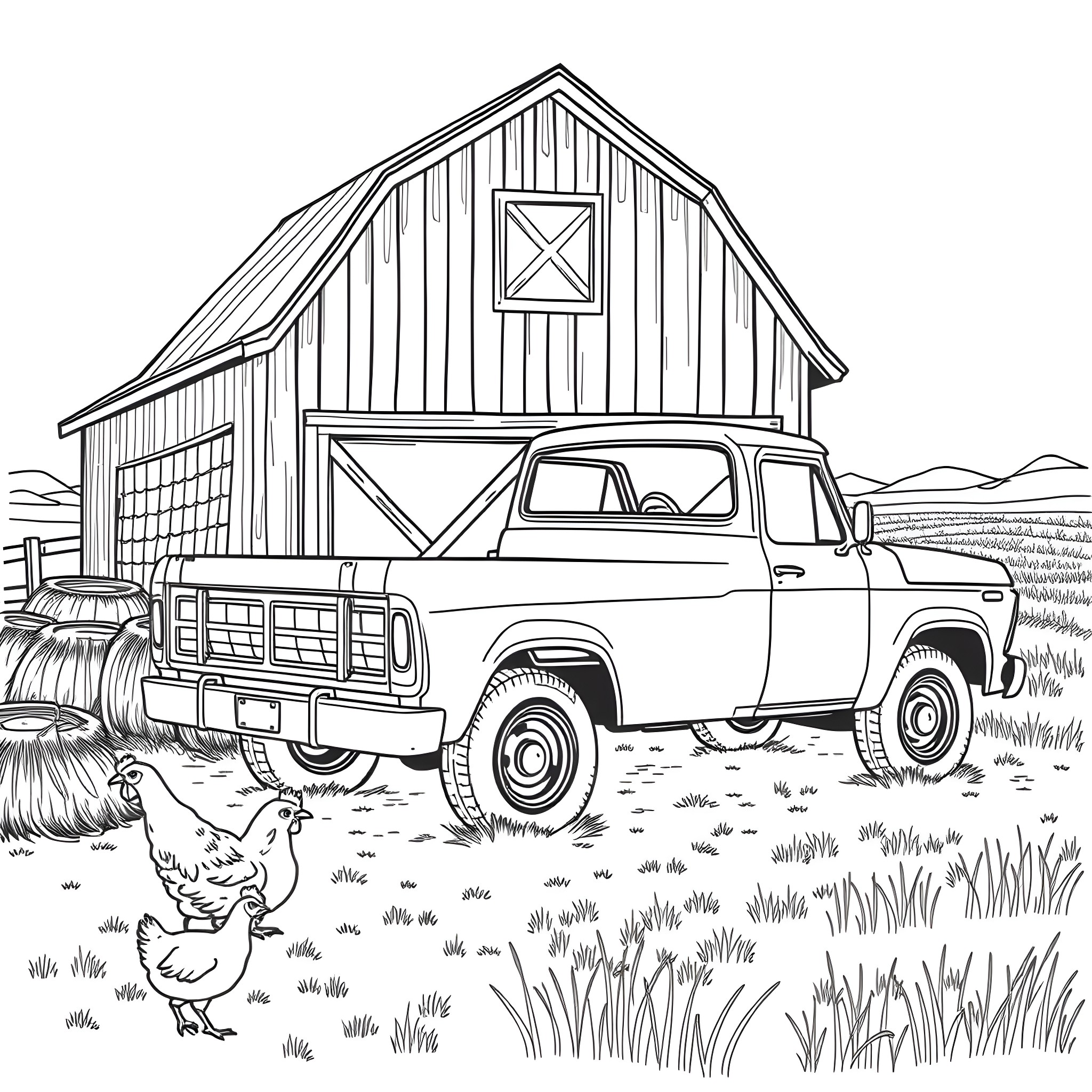 Pickup truck and barn in rural landscape Coloring Page (free black-and-white line drawing printable PDF for all, from beginners to advanced learners, including children, teens, adults, and seniors)