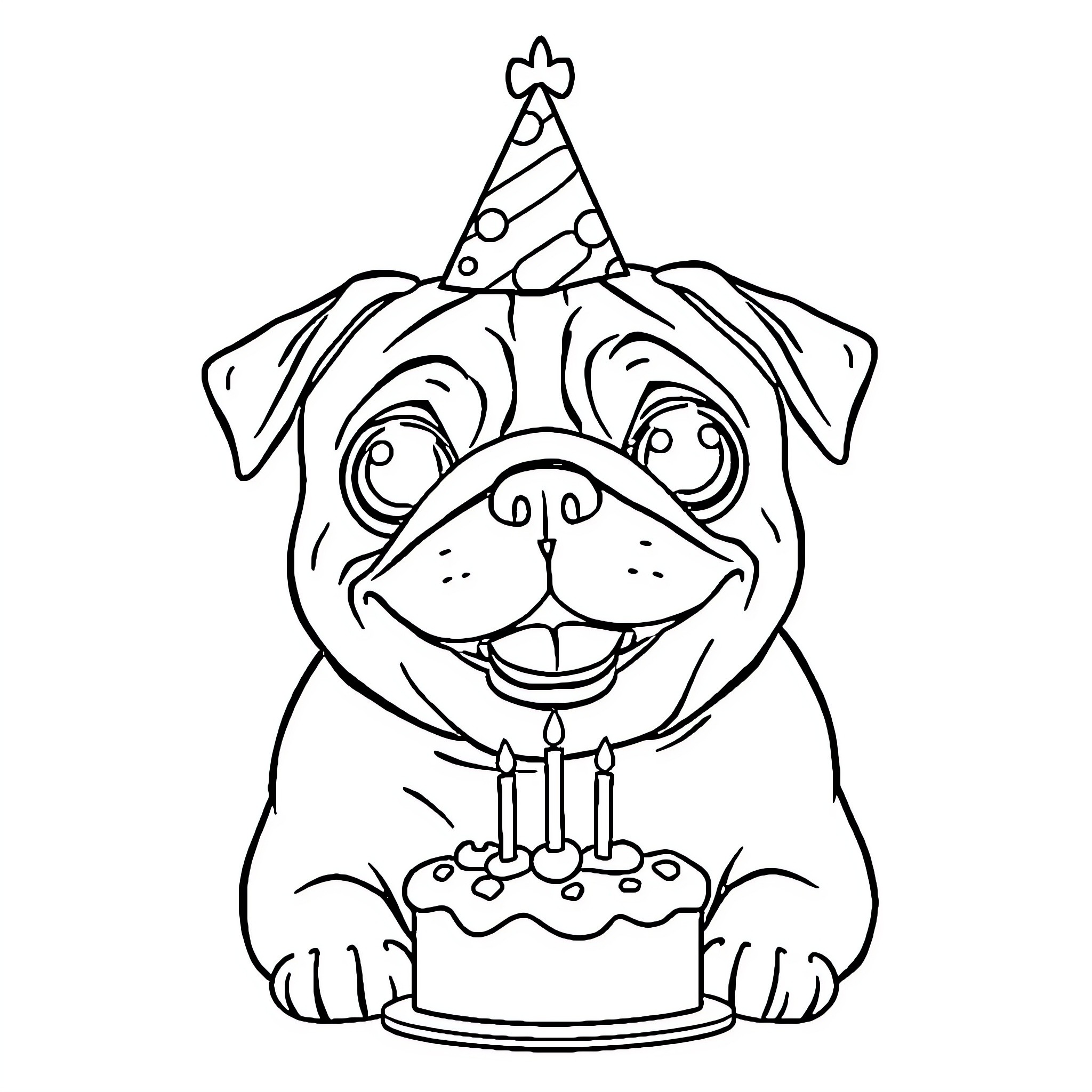 Pug celebrating with birthday cake and party hat Coloring Page (free black-and-white line drawing printable PDF for all, from beginners to advanced learners, including children, teens, adults, and seniors)
