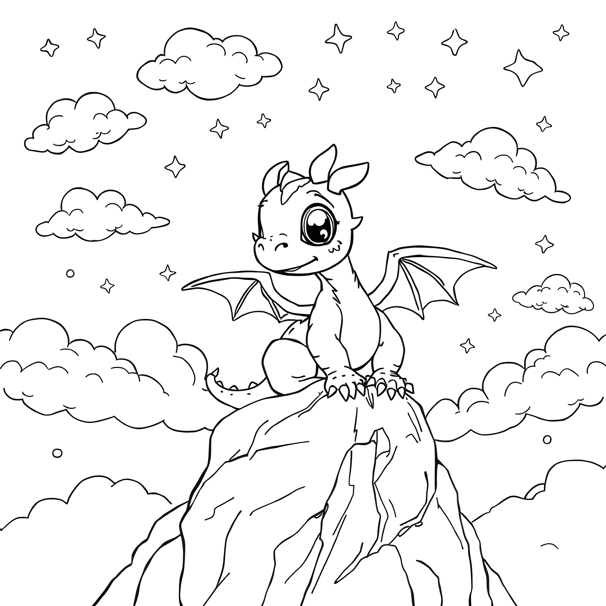 Baby Dragon Playing Happily in the Starry Sky Coloring Page (free black-and-white line drawing printable PDF for all, from beginners to advanced learners, including children, teens, adults, and seniors)