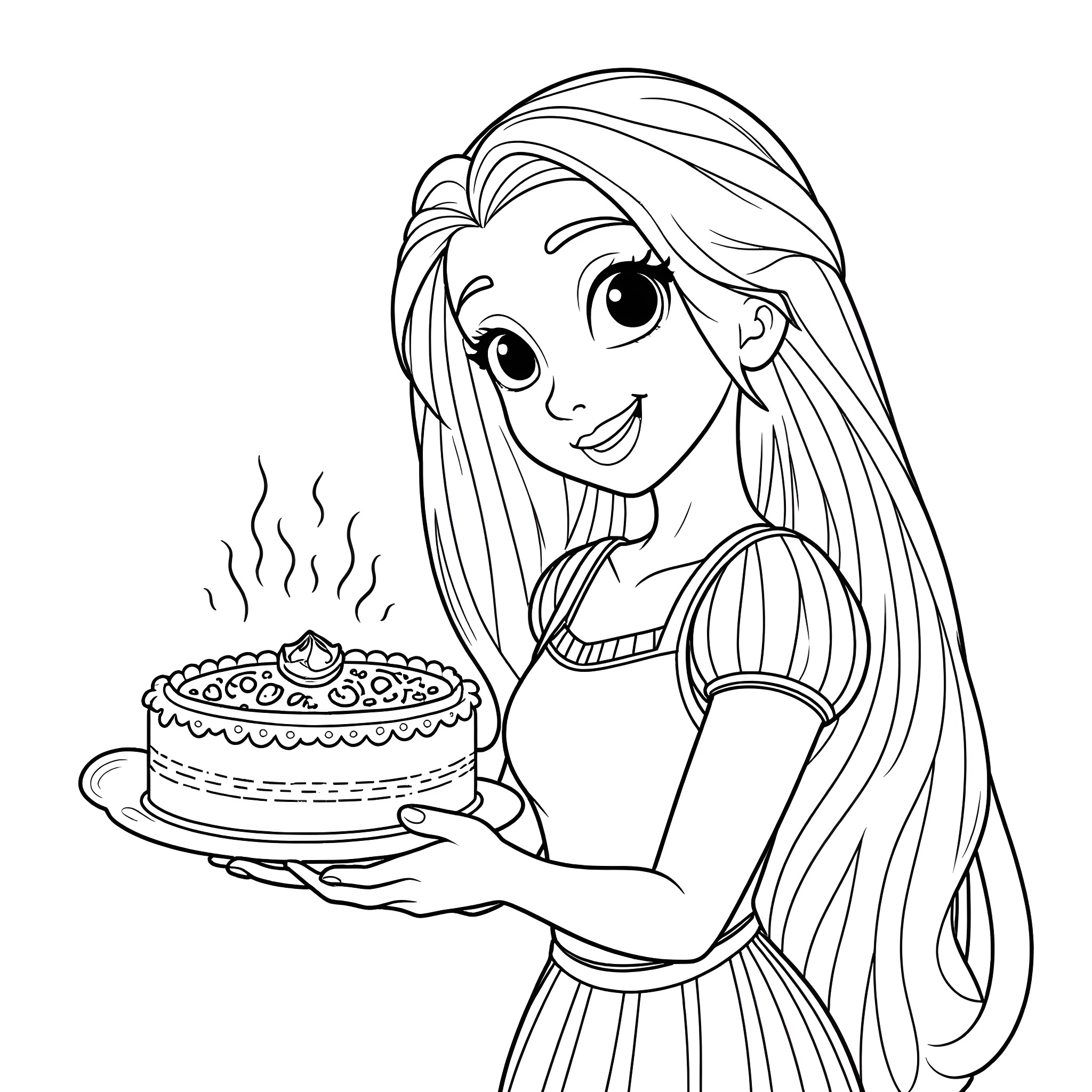 Rapunzel baking a delicious cake with joy Coloring Page (free black-and-white line drawing printable PDF for all, from beginners to advanced learners, including children, teens, adults, and seniors)