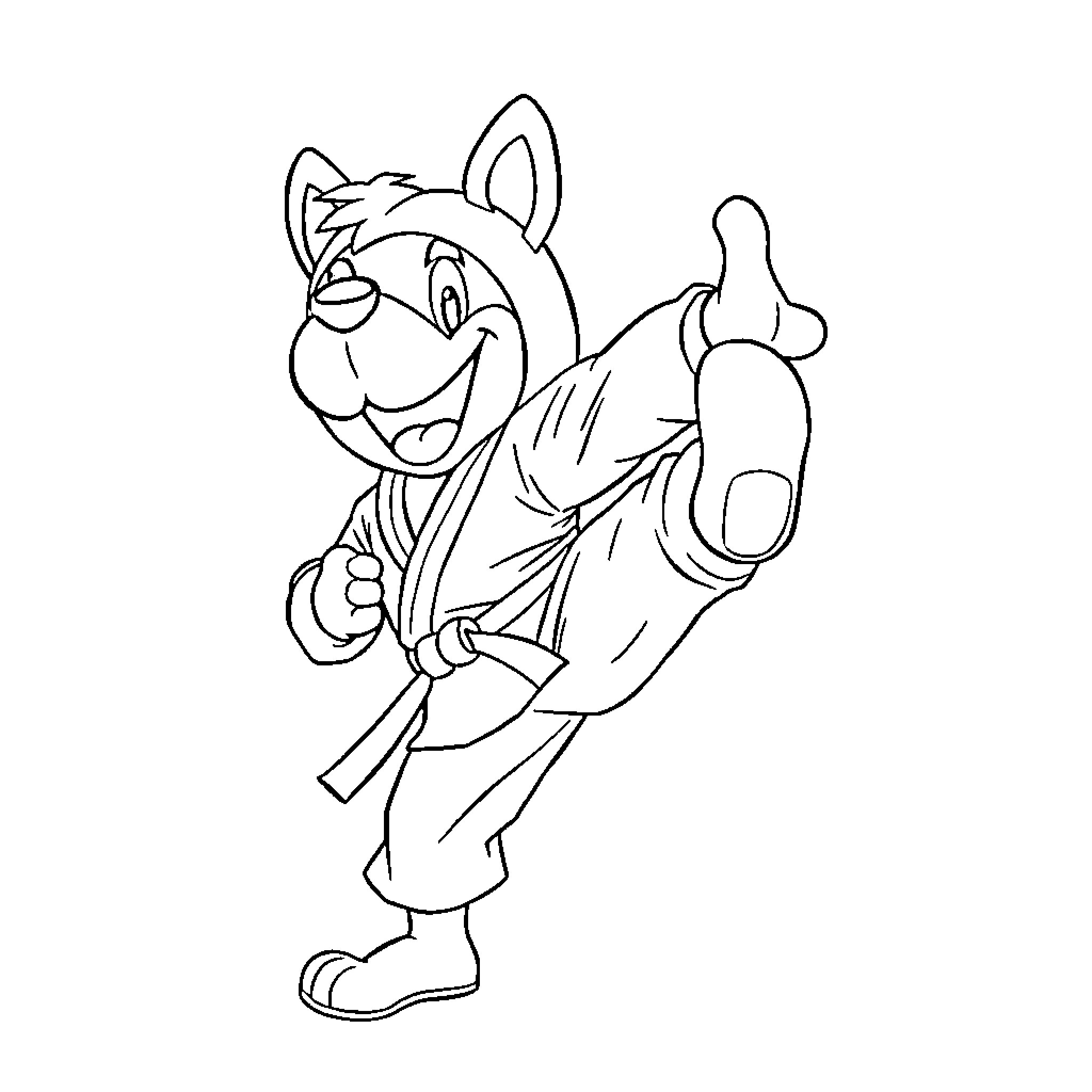 Sparty practicing karate in uniform Coloring Page (free black-and-white line drawing printable PDF for all, from beginners to advanced learners, including children, teens, adults, and seniors)