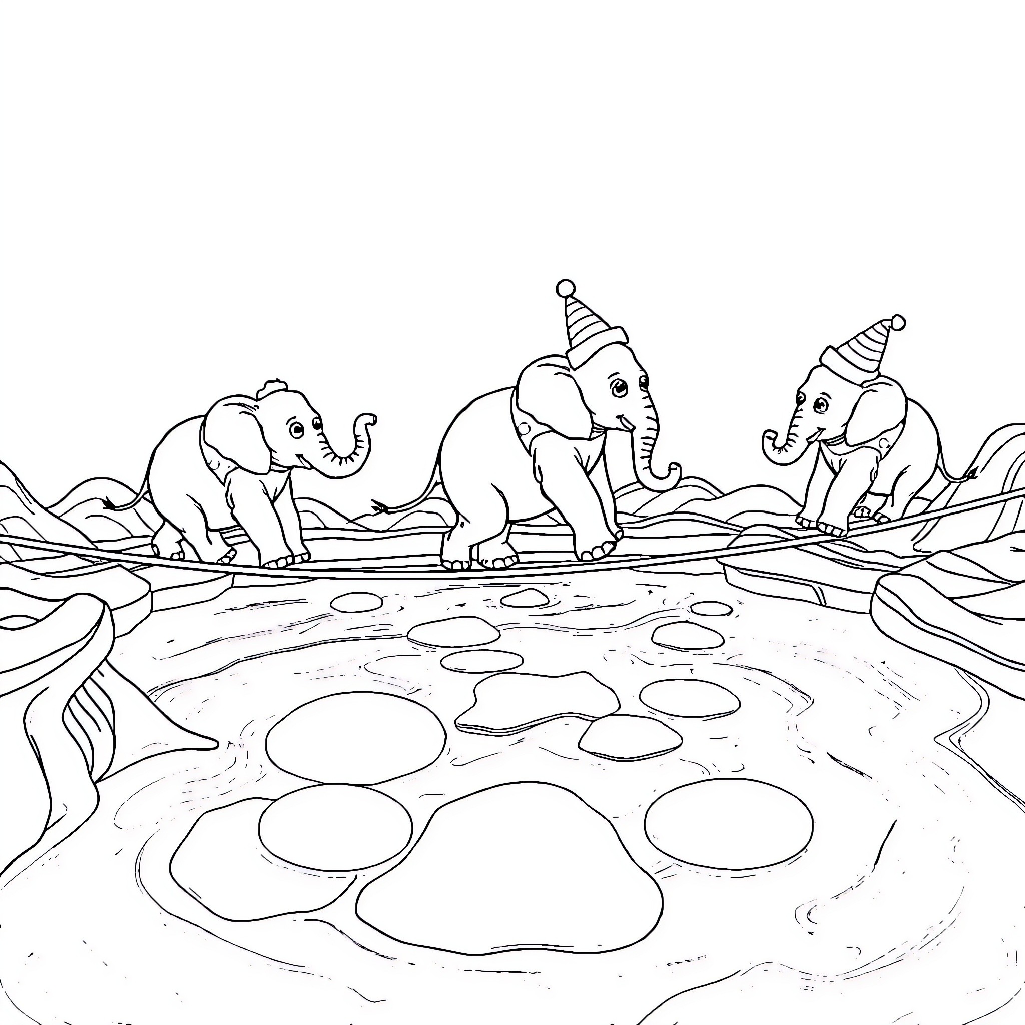 Elephants Celebrating at a Party Coloring Page (free black-and-white line drawing printable PDF for all, from beginners to advanced learners, including children, teens, adults, and seniors)