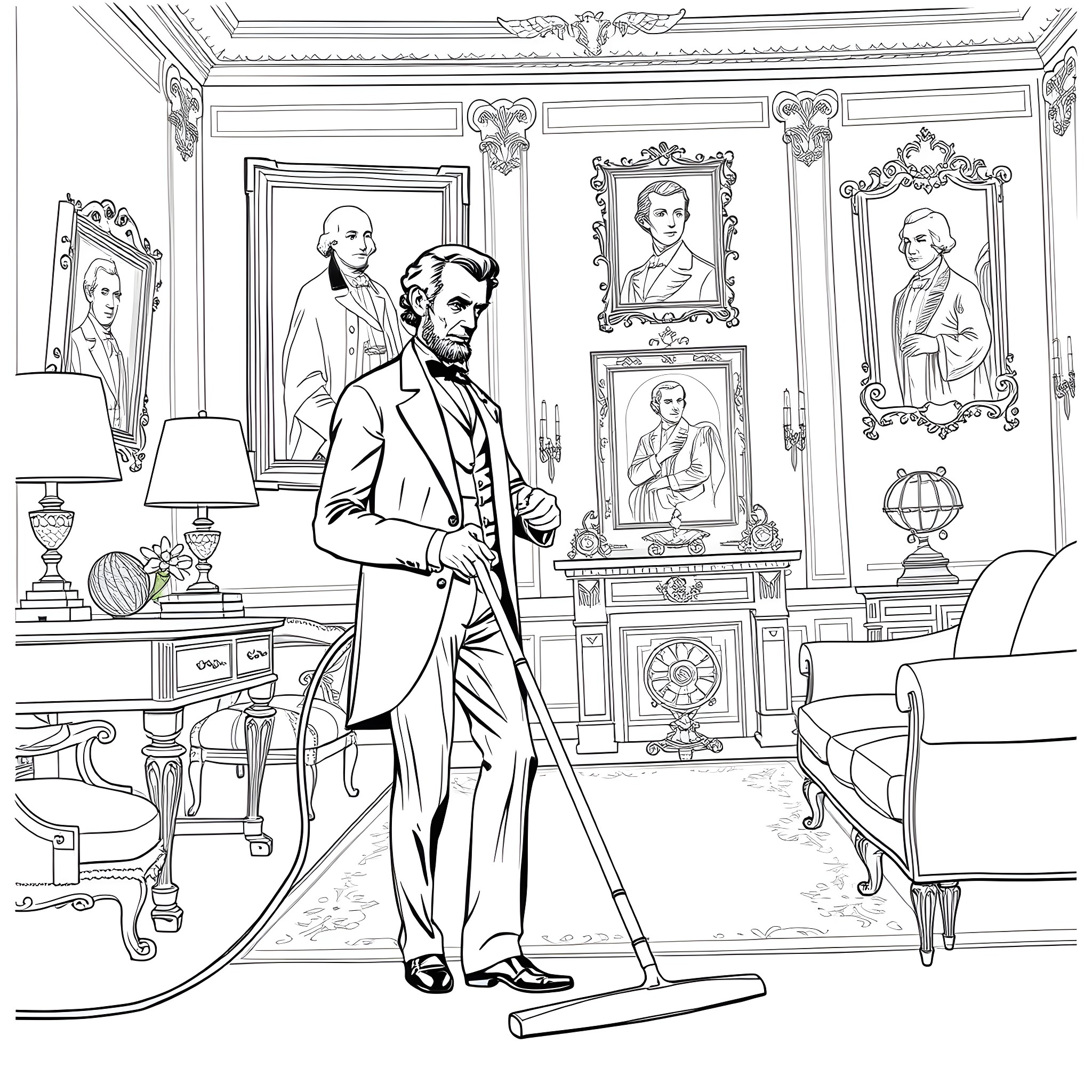 Abraham Lincoln in a lavish presidential office Coloring Page (free black-and-white line drawing printable PDF for all, from beginners to advanced learners, including children, teens, adults, and seniors)
