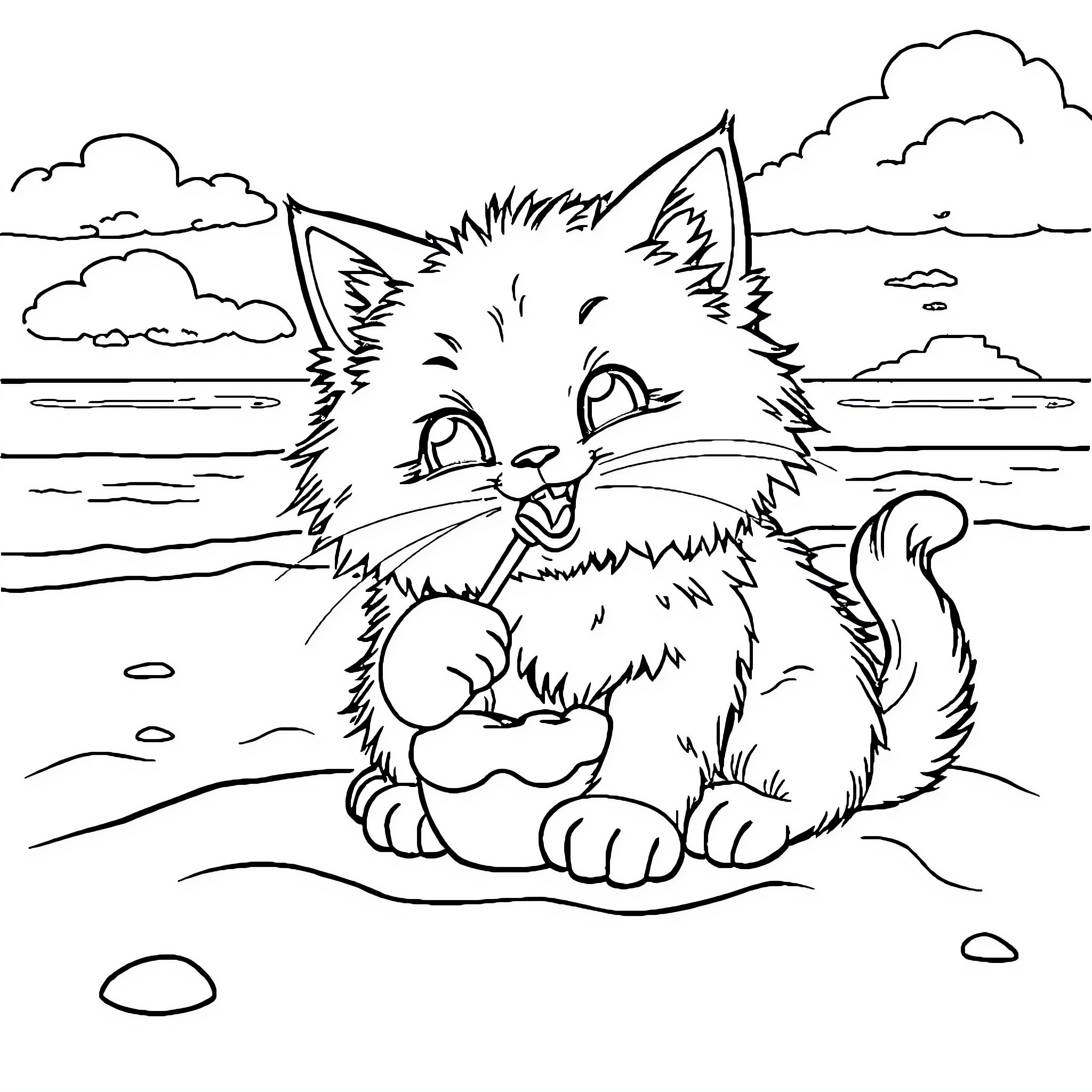 Cat sitting on the beach in the clouds Coloring Page (free black-and-white line drawing printable PDF for all, from beginners to advanced learners, including children, teens, adults, and seniors)