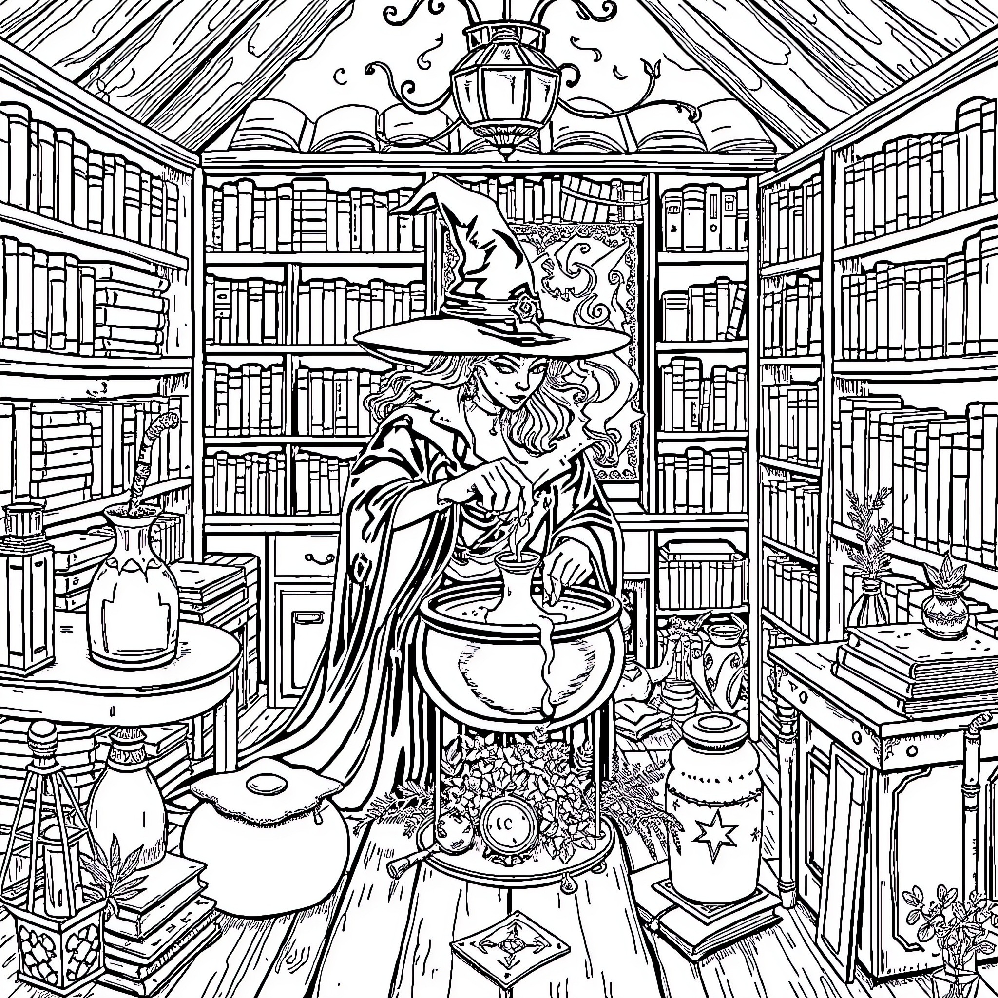 Sorceress Casting Spells in Mystical Library Coloring Page (free black-and-white line drawing printable PDF for all, from beginners to advanced learners, including children, teens, adults, and seniors)