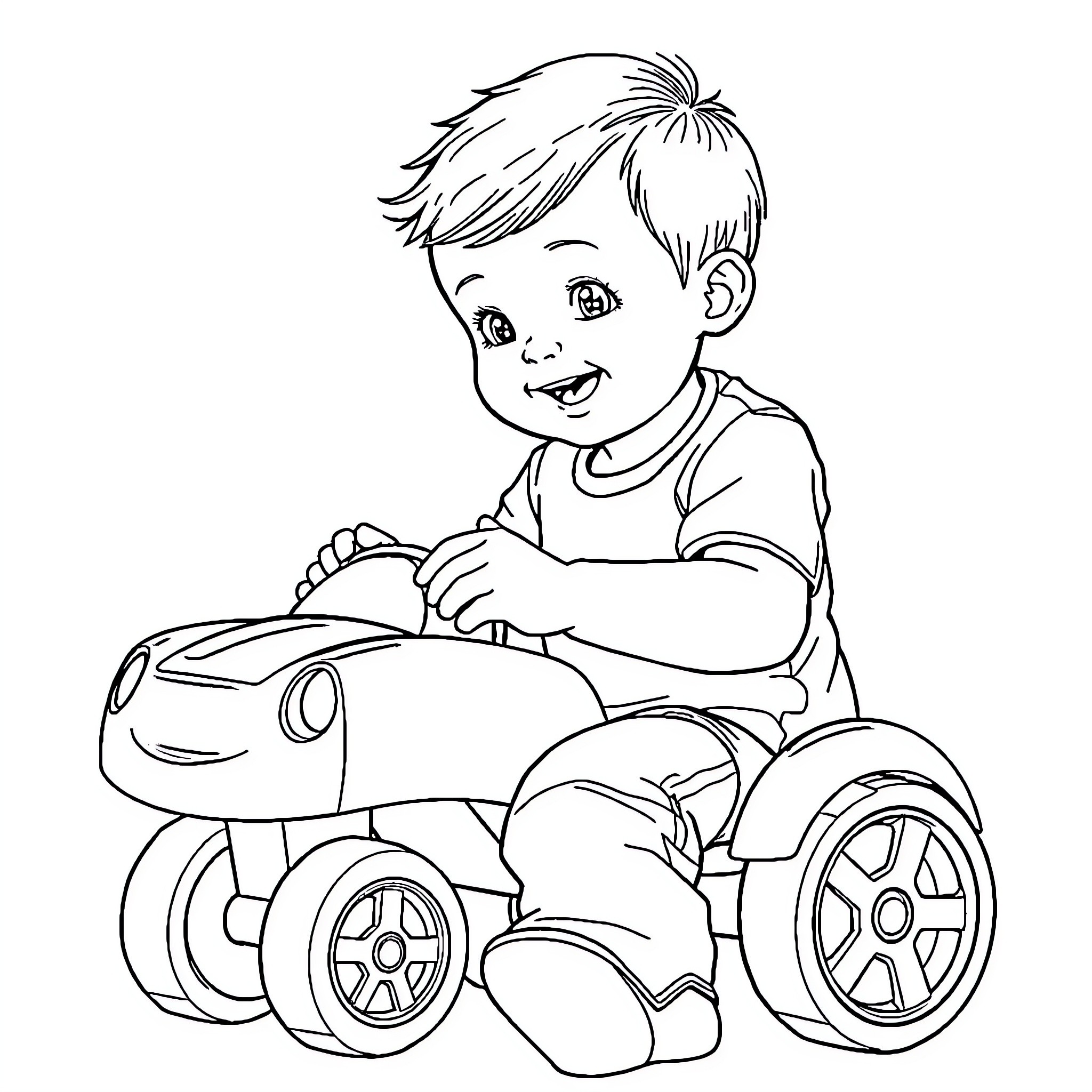 Baby Boy Playing with Toy Car Coloring Page (free black-and-white line drawing printable PDF for all, from beginners to advanced learners, including children, teens, adults, and seniors)