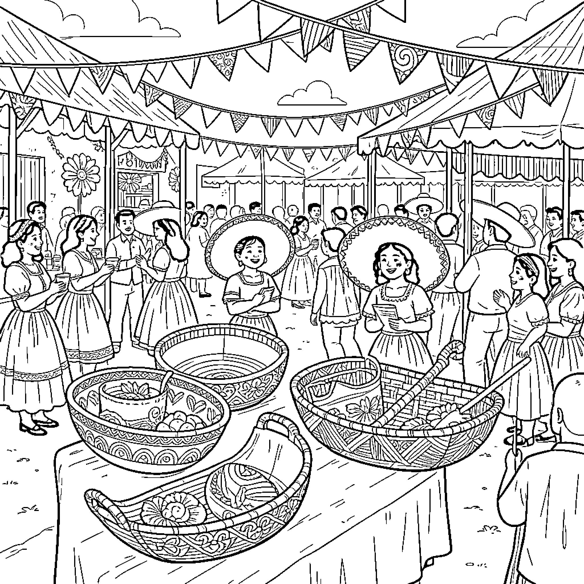 Carabela people celebrating a festive outdoor market scene Coloring Page (free black-and-white line drawing printable PDF for all, from beginners to advanced learners, including children, teens, adults, and seniors)