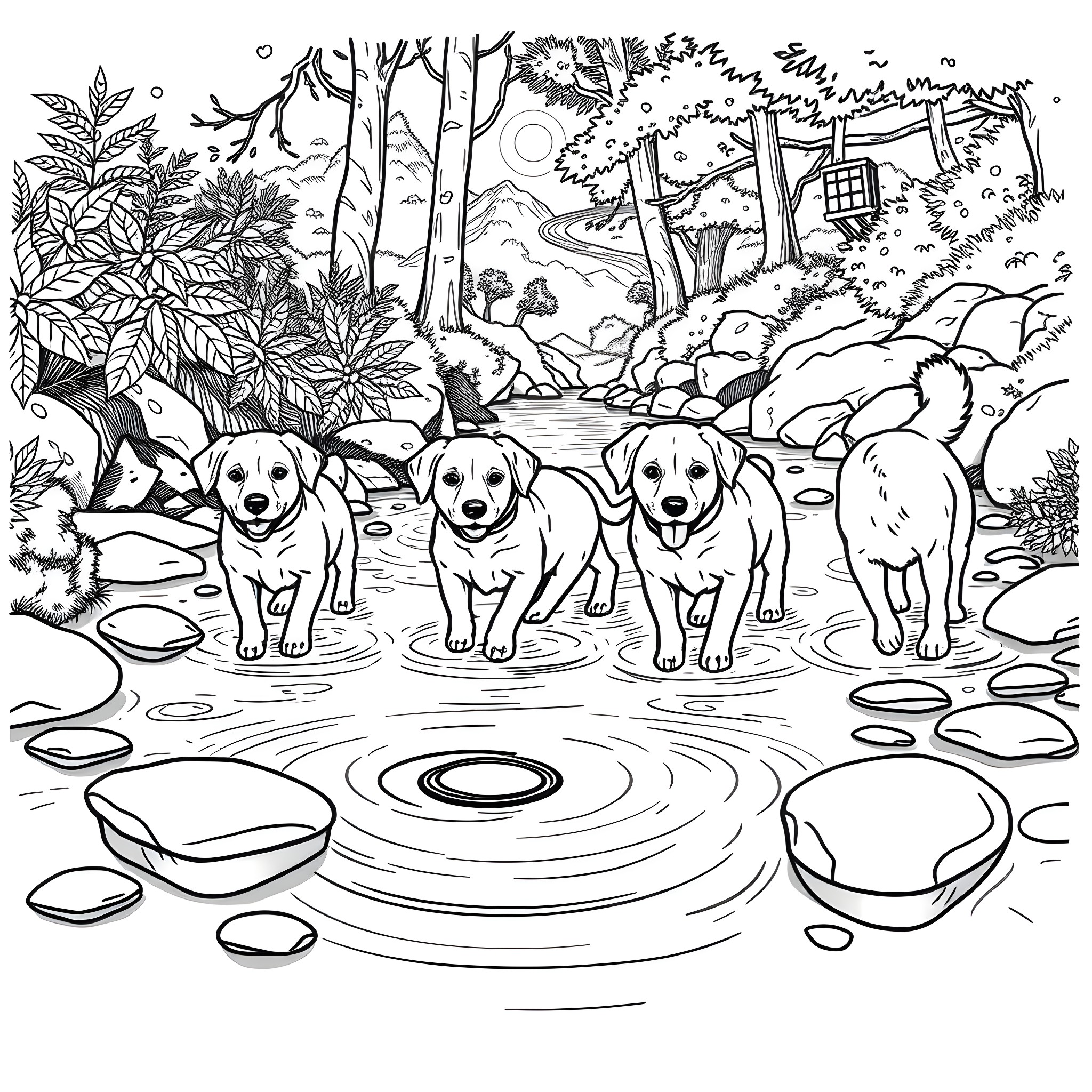 Dogs playing joyfully in the forest stream Coloring Page (free black-and-white line drawing printable PDF for all, from beginners to advanced learners, including children, teens, adults, and seniors)