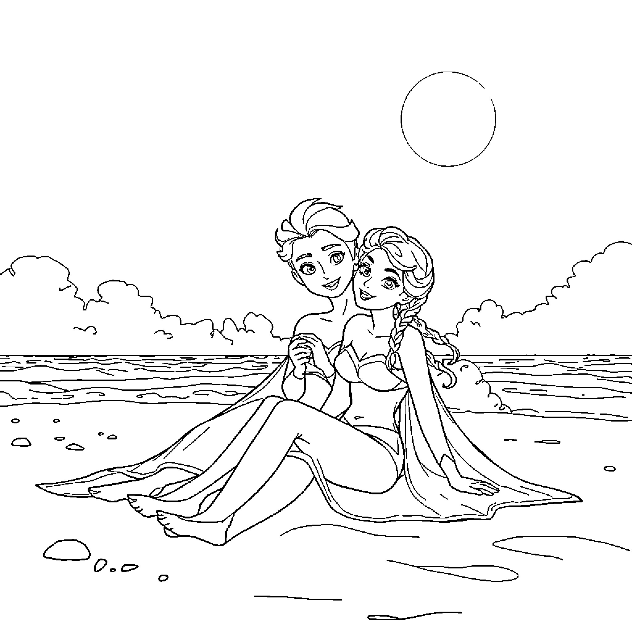 Elsa and Anna relaxing on the beach Coloring Page (free black-and-white line drawing printable PDF for all, from beginners to advanced learners, including children, teens, adults, and seniors)